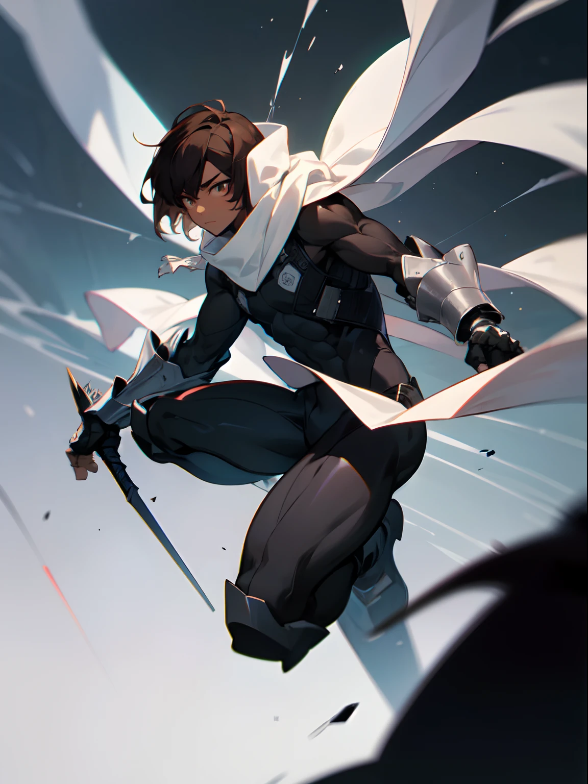 Masterpiece, highres, High quality, Dark skin teen, male, slightly buff, medium dark brown hair hair, big innocent grey eye's, wearing a black full bodysuit, six white long torn scarf, hooded white cloaks, black white battle Gauntlets, dramatic sho, intensive, cool, badass,