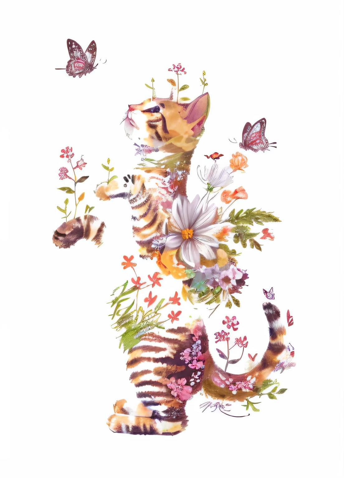 Close up of a cat with flowers and butterflies on white background, cat design, cats and plants, cat detailed, illustration of a cat, author:Li Kelan, author:Li Meishu, author:Tan Yang Kano, Cat Seahorse Shapeshifter, author:Li Zai, author:Julian, A painting of a cat