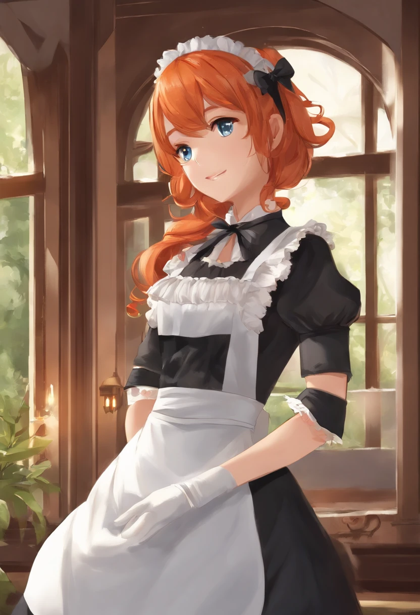 masutepiece,Best Quality,Anime,(2D:1.2),Indoors, ,  1girl in, Roswaal Mansion Maid Uniform, Solo, maid, Cyan blue eyes, Short hair,bow hairband, hair between eye, Detached sleeves, Looking at Viewer, red hairband,bow ribbon, Bangs, Looking back, Bow, Orange hair,Red Ribbon, Black sleeves, window, Long sleeves, Apron, white bow, frilld,Ribbon trim,lightsmile, own hands together,