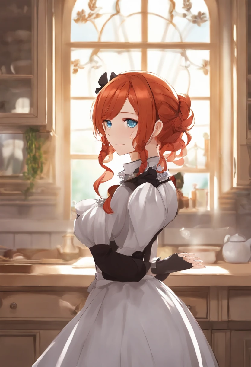 masutepiece,Best Quality,Anime,(2D:1.2),Indoors, ,  1girl in, Roswaal Mansion Maid Uniform, Solo, maid, Cyan blue eyes, Short hair,bow hairband, hair between eye, Detached sleeves, Looking at Viewer, red hairband,bow ribbon, Bangs, Looking back, Bow, Orange hair,Red Ribbon, Black sleeves, window, Long sleeves, Apron, white bow, frilld,Ribbon trim,lightsmile, own hands together,