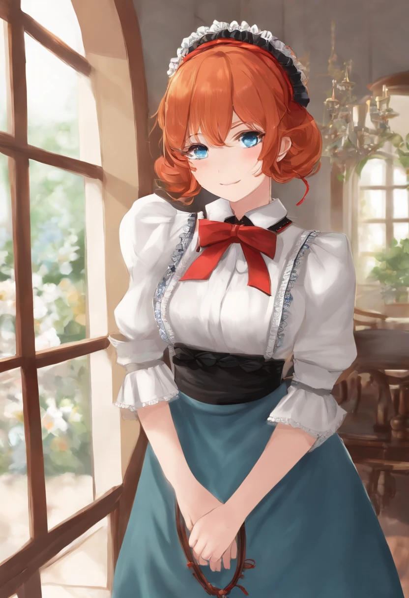 masutepiece,Best Quality,Anime,(2D:1.2),Indoors, ,  1girl in, Roswaal Mansion Maid Uniform, Solo, maid, Cyan blue eyes, Short hair,bow hairband, hair between eye, Detached sleeves, Looking at Viewer, red hairband,bow ribbon, Bangs, Looking back, Bow, Orange hair,Red Ribbon, Black sleeves, window, Long sleeves, Apron, white bow, frilld,Ribbon trim,lightsmile, own hands together,