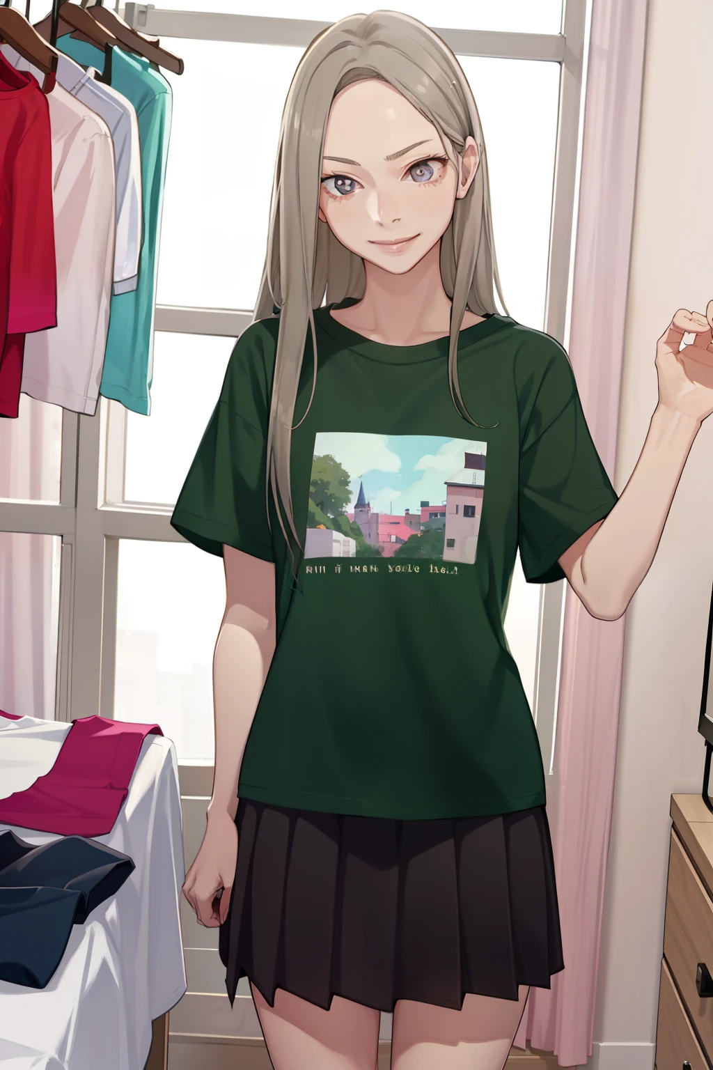 1 girl, smile, shirt, skirt, (small) chillerism, her own room, changing clothes, while changing clothes,