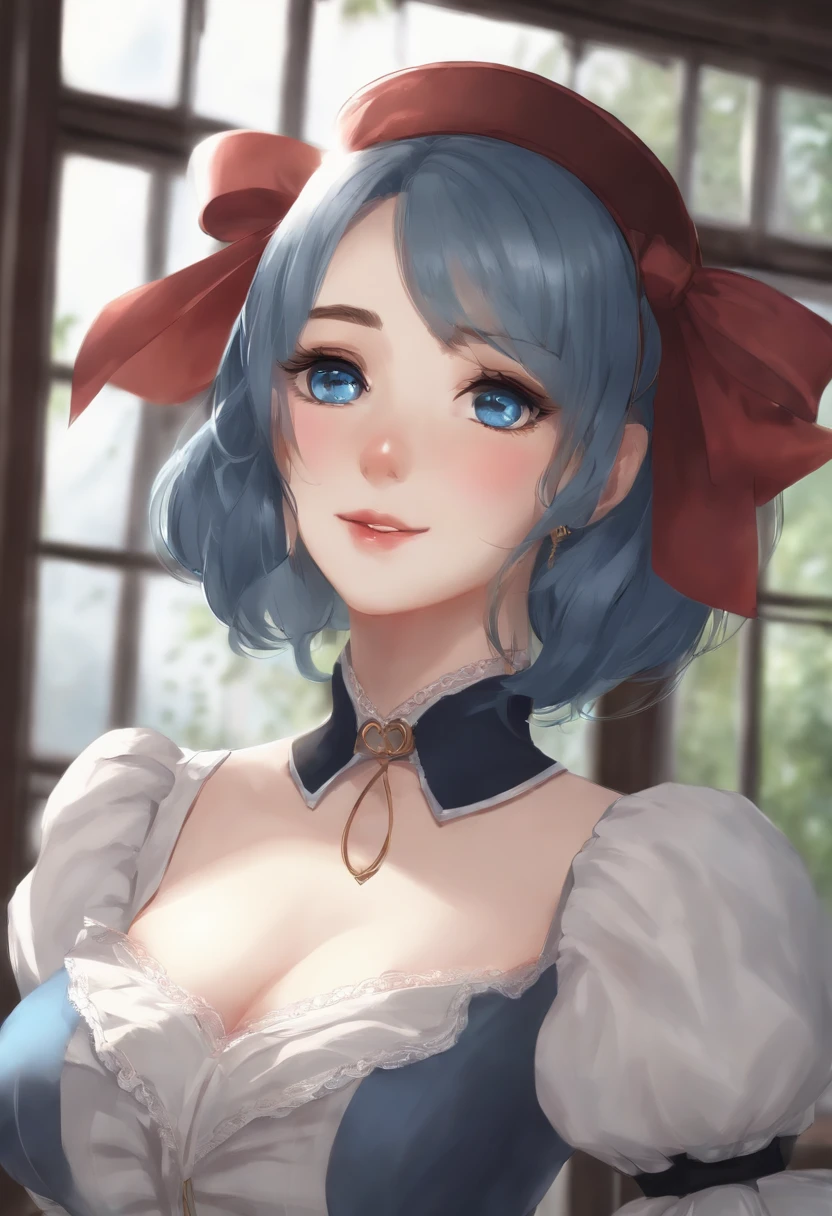 masutepiece,Best Quality,Anime,(2D:1.2),Indoors, , 1girl in, Roswaal Mansion Maid Uniform, Solo, maid, Cyan blue eyes, Short hair,bow hairband, hair between eye, Detached sleeves, Looking at Viewer, , Black sleeves, window, Long sleeves, white bow, frilld,Ribbon trim,lightsmile, own hands together,