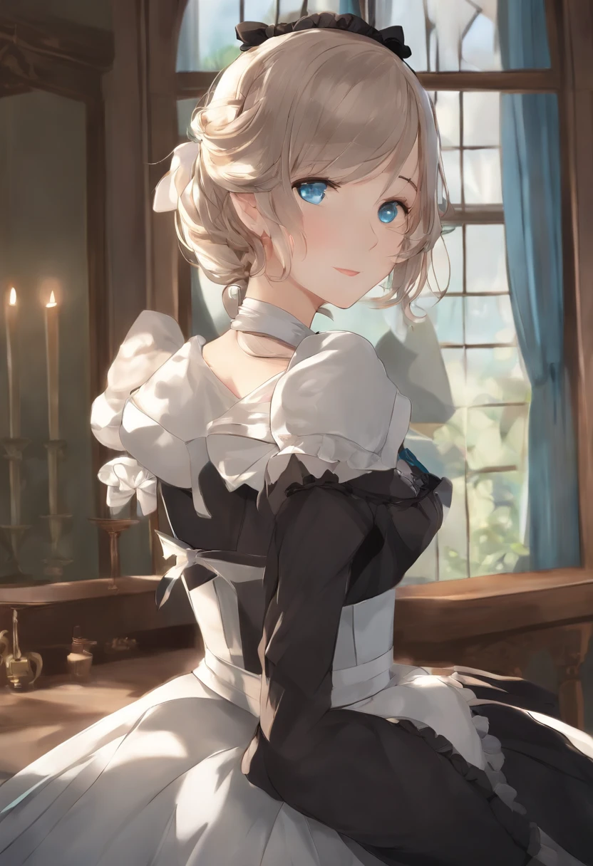 masutepiece,Best Quality,Anime,(2D:1.2),Indoors, ,  1girl in, Roswaal Mansion Maid Uniform, Solo, maid, Cyan blue eyes, Short hair,bow hairband, hair between eye, Detached sleeves, Looking at Viewer, , Black sleeves, window, Long sleeves, white bow, frilld,Ribbon trim,lightsmile, own hands together,