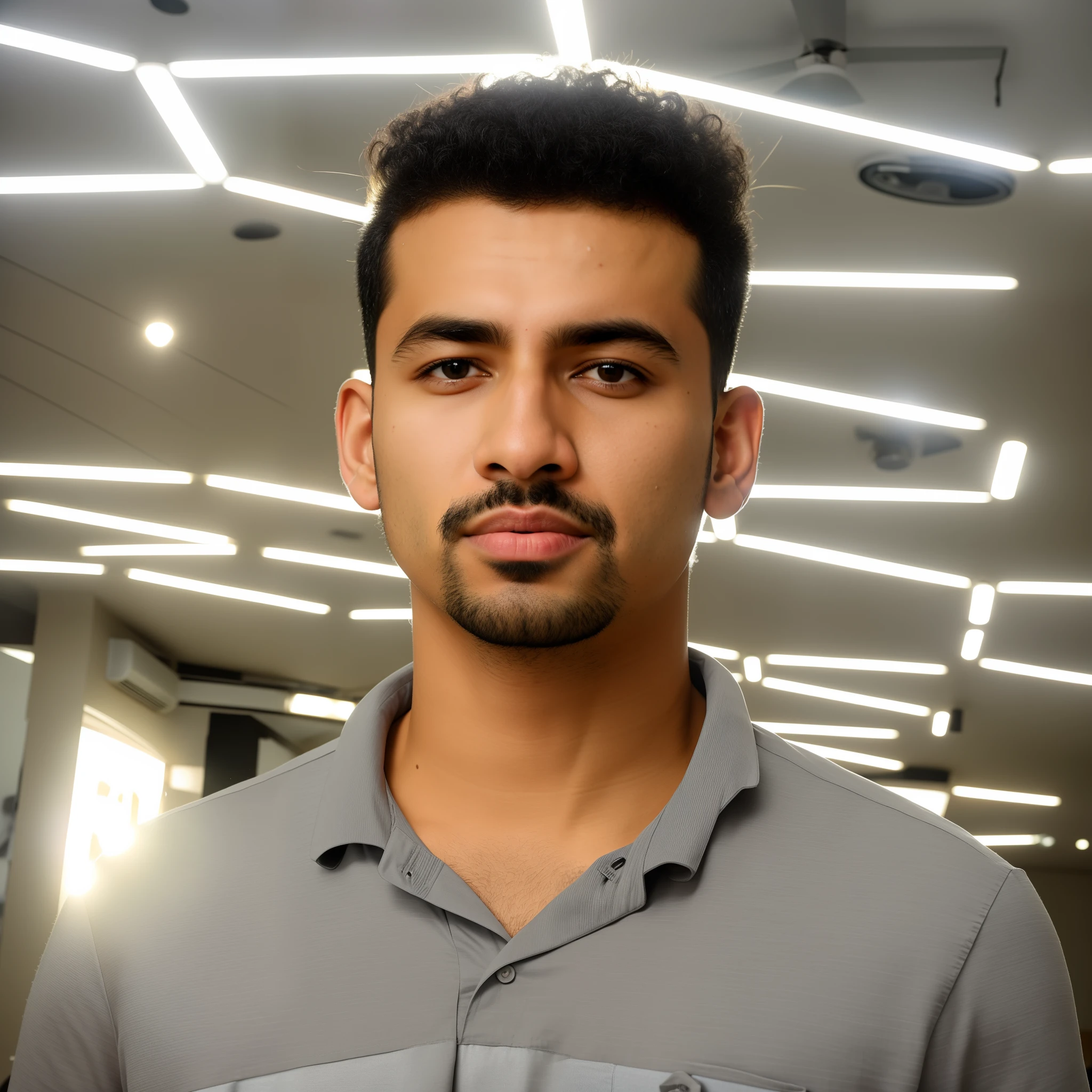 arafed man in a gray shirt standing in a room with a ceiling, mohamed chahin, ismail, mohamed chahin style, nivanh chanthara, taken with sony alpha 9, thawan duchanee, shot on nikon z9, with accurate face, south east asian with round face, riyahd cassiem, shot on canon eos r5