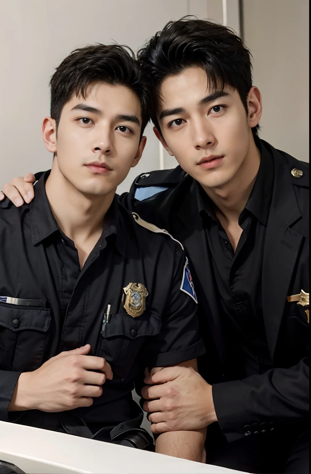 1 young handsome guy，20-22 years old，police officers，Interpol，Police Department，Handsome，musculous，hairy bodies，police uniforms（Fine eye 1：3），Black eyes，full bodyesbian