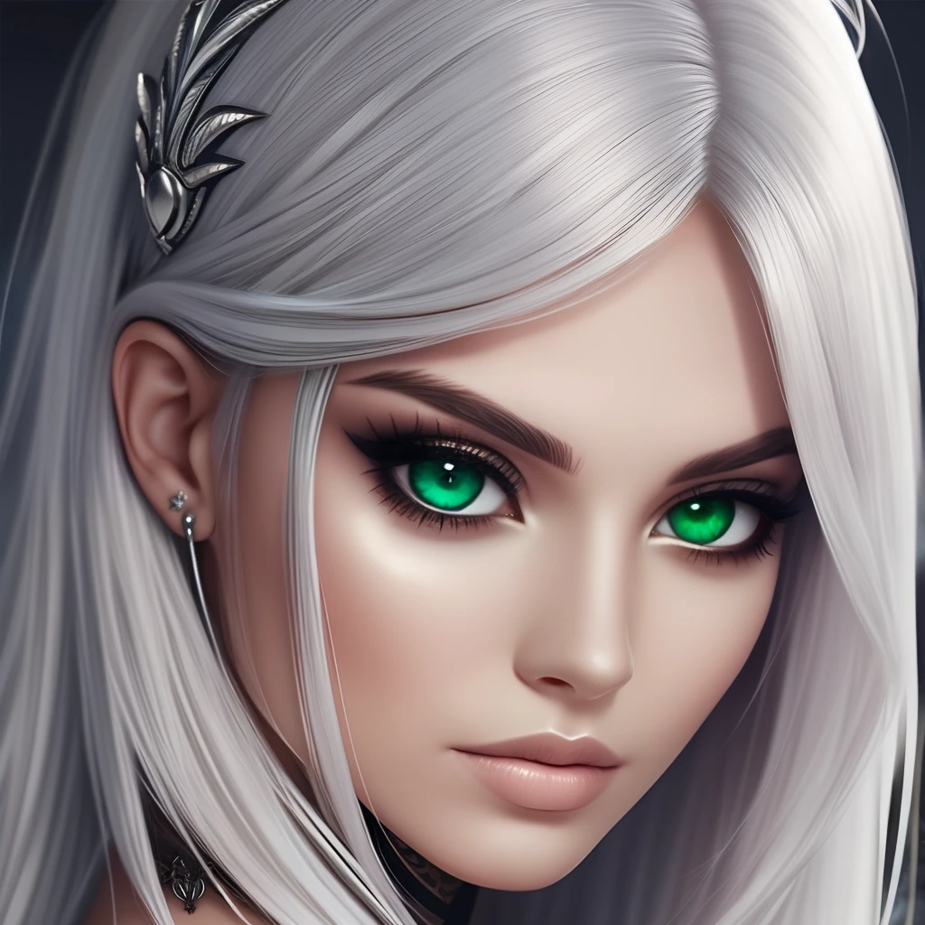 silver hair emerald eye warrior high warlock female tattoo high cheekbone strong expression angelic quality --auto --s2