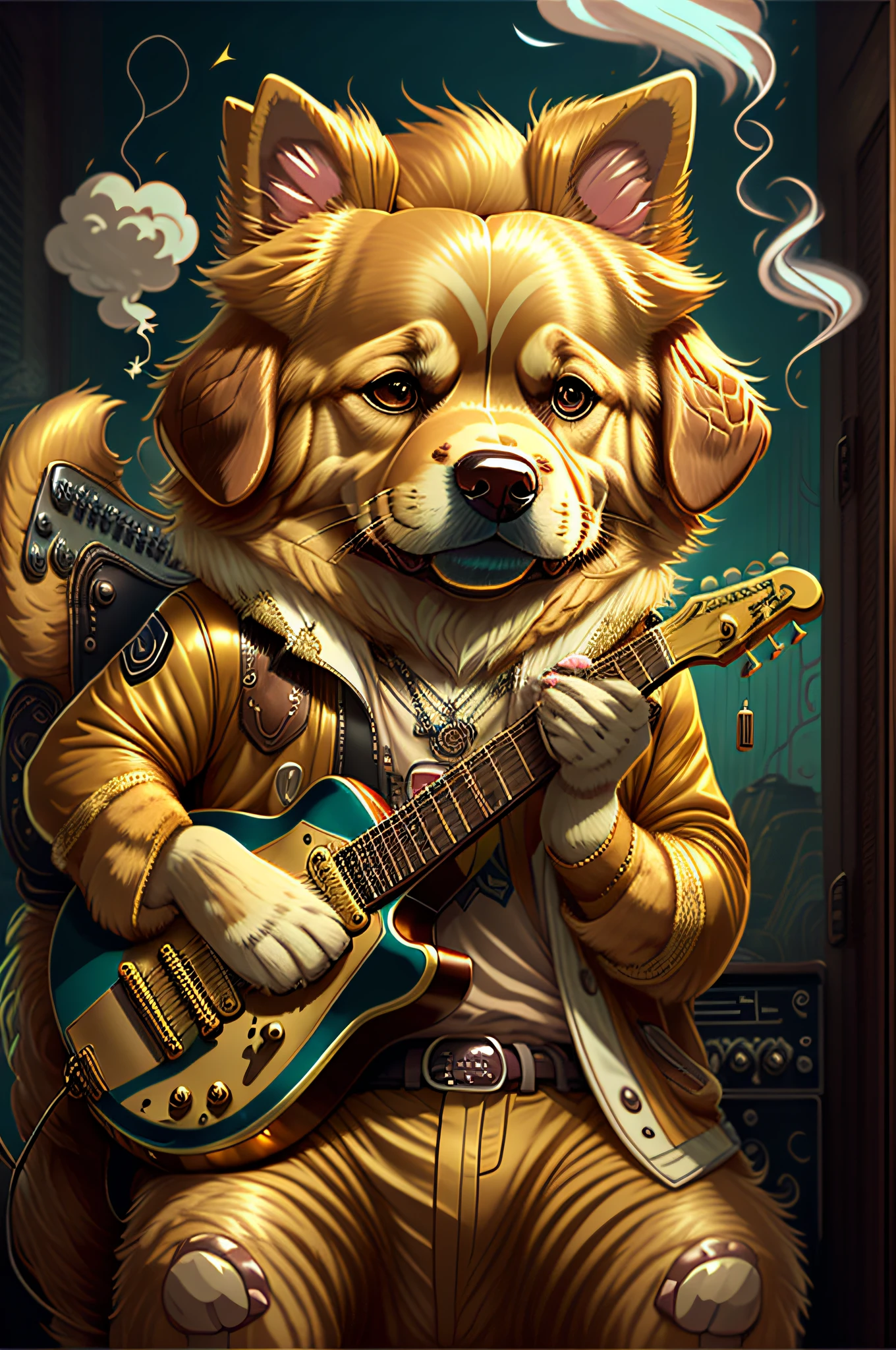 Cartoons of guitar players、Anthropomorphic Golden Retriever Dog（Holding a cigarette）