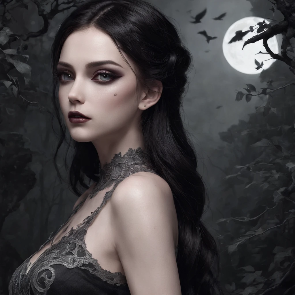 (best quality,4k,8k,highres,masterpiece:1.2),ultra-detailed,(realistic,photorealistic,photo-realistic:1.37),gothic clothing wearing girl,illustration,gothic style:1.1,detailed eyes,detailed lips,long eyelashes,dark atmosphere,ornate dress,ornate jewelry,pale skin,contrasting hair,barbed wire tattoos:1.1,breathtaking scenery:black and white,night scene,moonlight,ethereal,romantic,victorian gothic architecture,manicured garden,overgrown vines,ravens flying,subtle fog,vintage-inspired,soft lighting