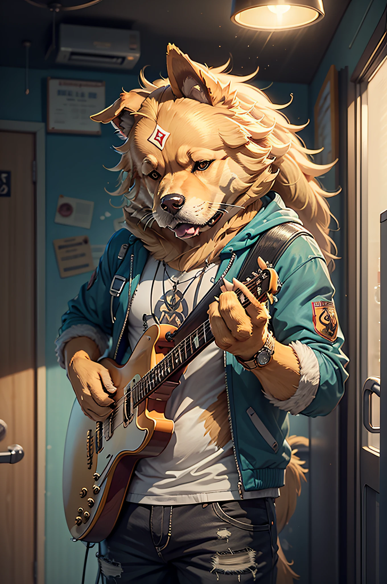 Cartoons of guitar players、Anthropomorphic Golden Retriever Dog（Holding a cigarette）