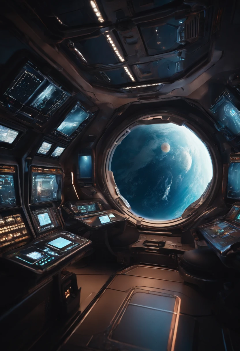 Exterior of a spacecraft. Through the windows, You can see the scenery of an alien planet, The whole space is full of work consoles with electronics and screens, Full-HD