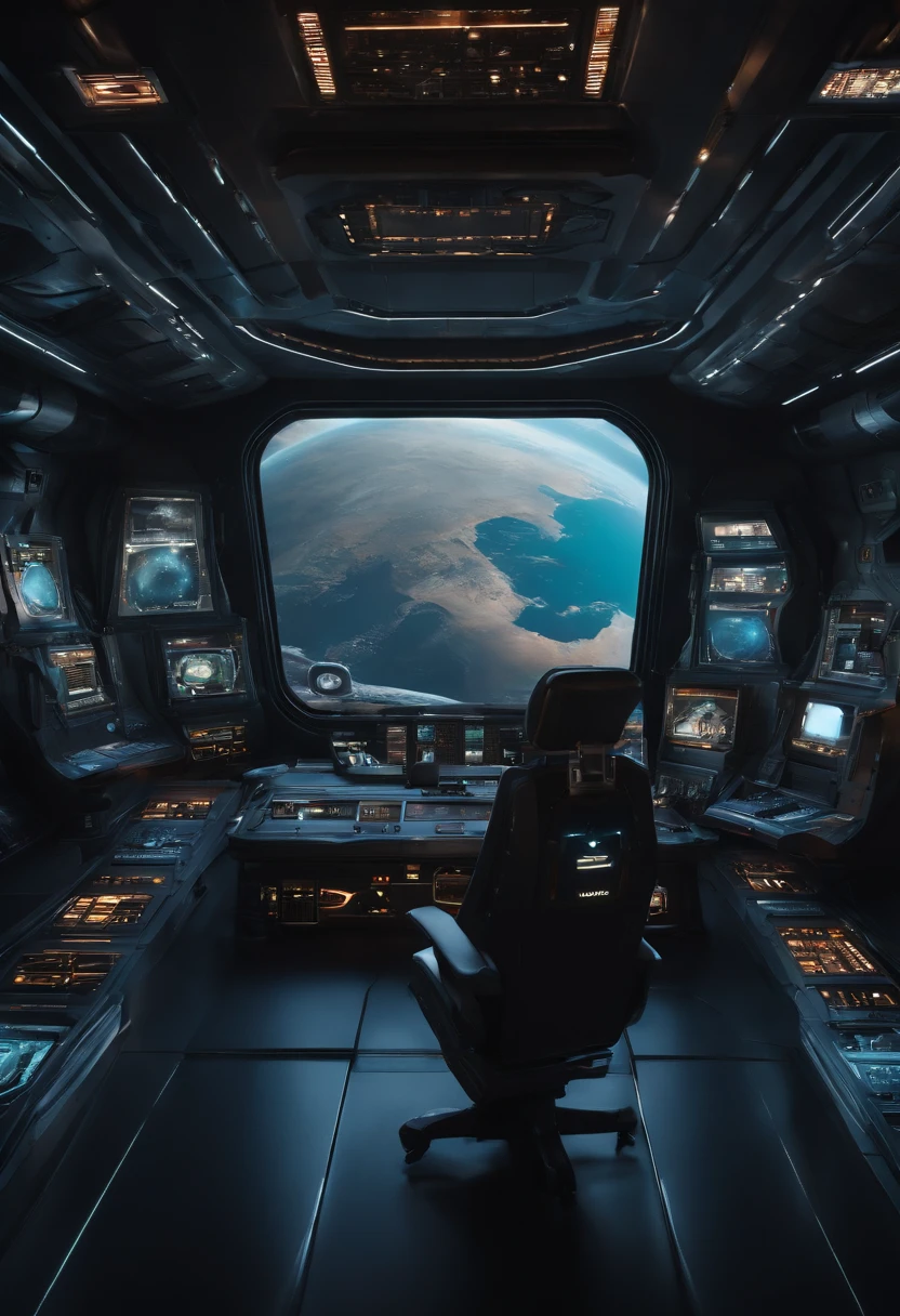 Exterior of a spacecraft. Through the windows, You can see the scenery of an alien planet, The whole space is full of work consoles with electronics and screens, Full-HD