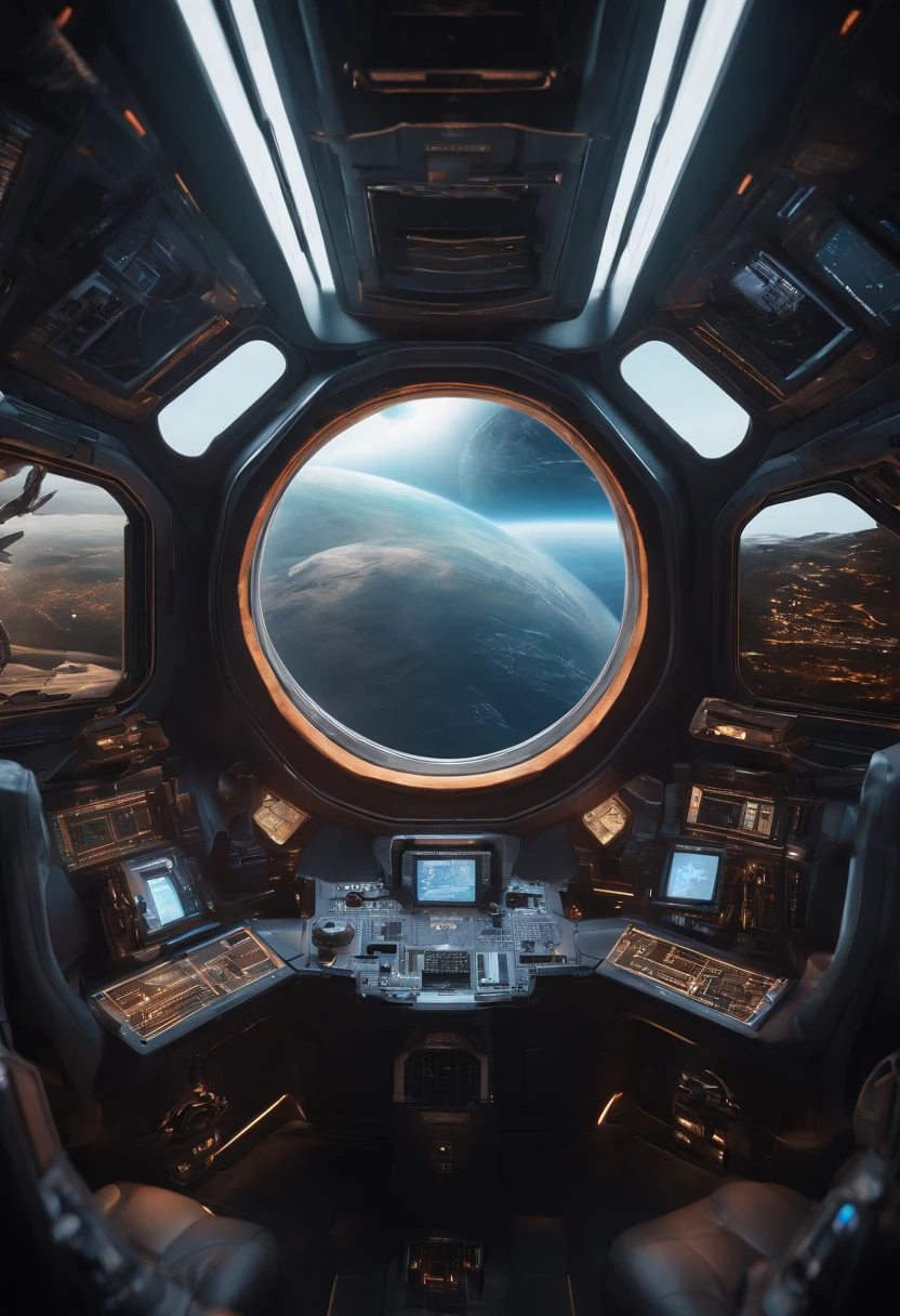 Exterior of a spacecraft. Through the windows, You can see the scenery of an alien planet, The whole space is full of work consoles with electronics and screens, Full-HD