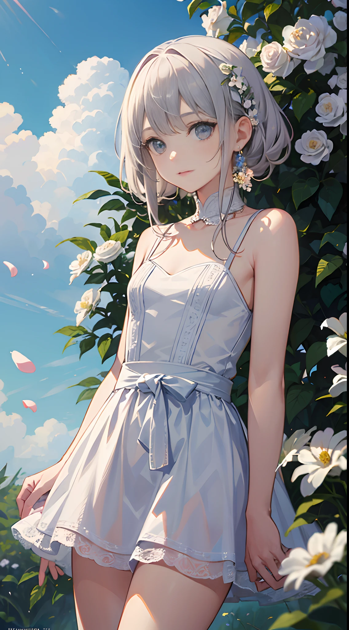(masterpiece, best quality:1.6), white lace dress, cowboy shot, thighs, beautiful girl, (flowers, many small white petals:1.3), garden, blue sky, looking at viewer, small waist, official art, raw photo, incredibly absurdres, facelight, dynamic lighting, cinematic lighting, ultra realistic, highres, photography, sharp focus, highest detailed, extreme detailed, ultra detailed, finely detail, extremely detailed eyes and face