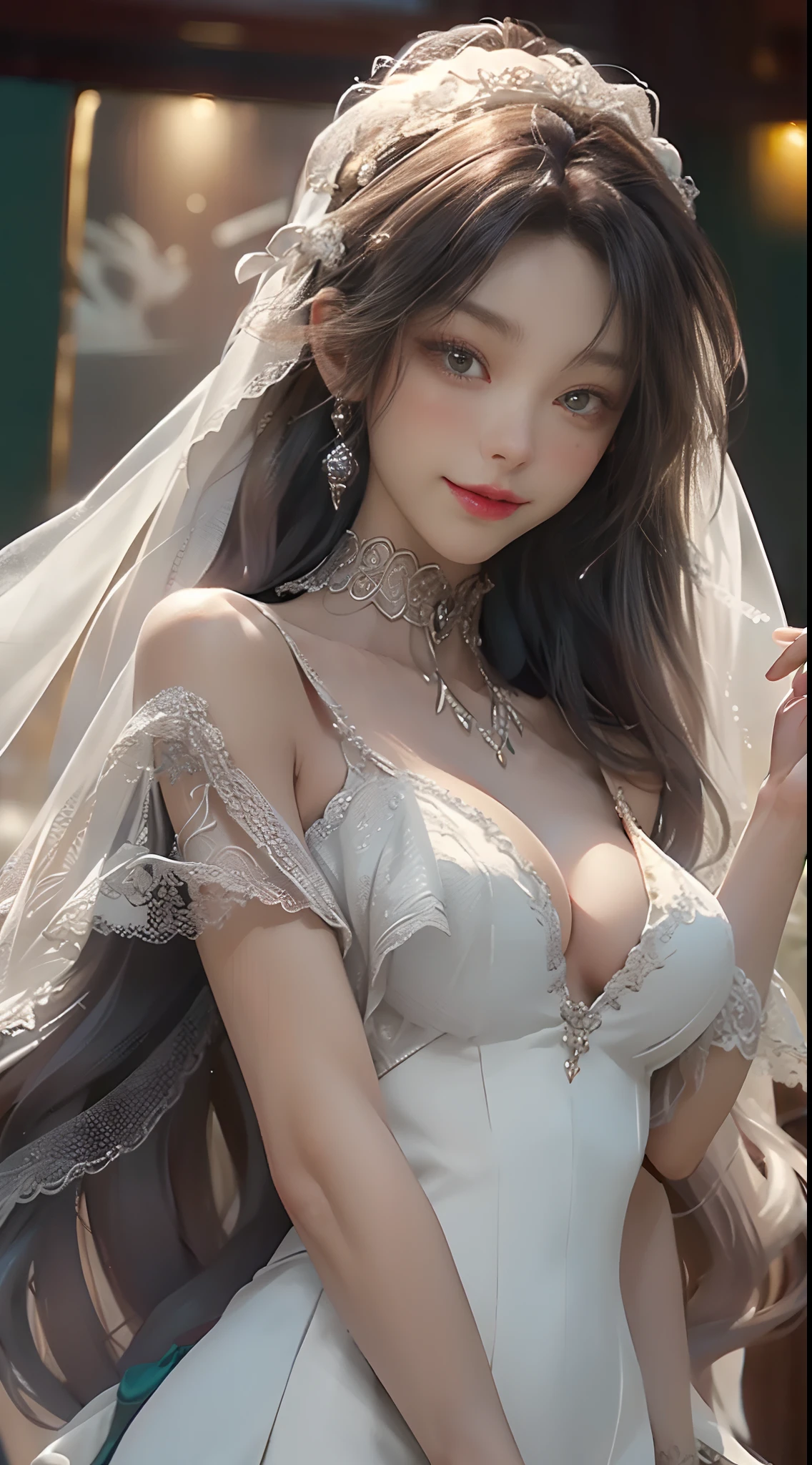 （（HighestQuali）），（（tmasterpiece）），（Logical Description），（the detail：1.5），（Like the photo：1.5），（One lady），nedium breasts，wedding gown，Veil，（mediuml breasts），a white choker，long whitr hair，Large bouquet，Blushing smile，chies，perfectly proportions，HDR，Brighten face，8K RAW，