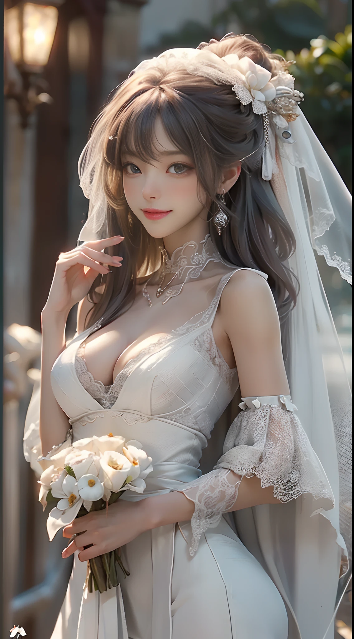 （（HighestQuali）），（（tmasterpiece）），（Logical Description），（the detail：1.5），（Like the photo：1.5），（One lady），nedium breasts，wedding gown，Veil，（mediuml breasts），a white choker，long whitr hair，Large bouquet，Blushing smile，chies，perfectly proportions，HDR，Brighten face，8K RAW，