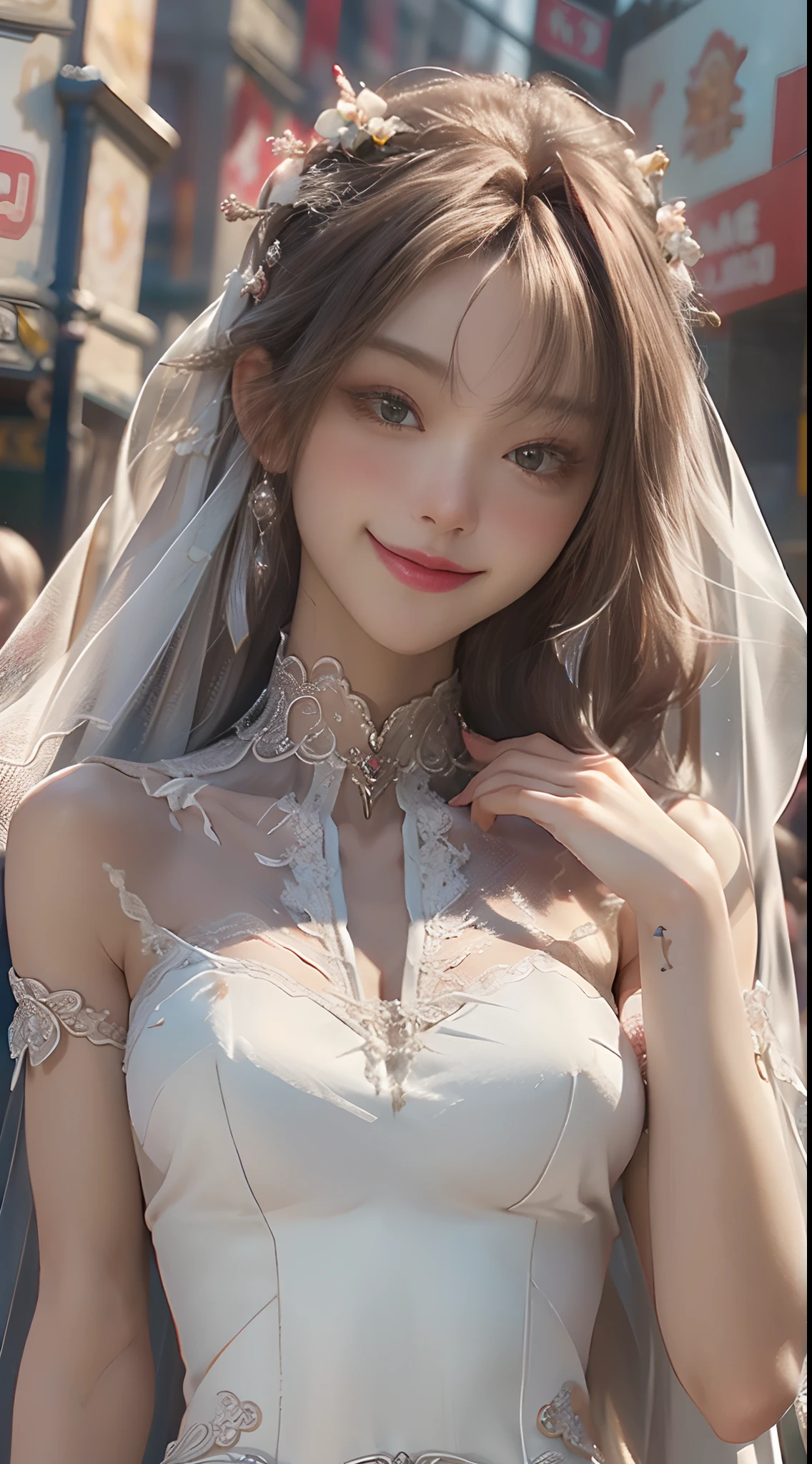 （（HighestQuali）），（（tmasterpiece）），（Logical Description），（the detail：1.5），（Like the photo：1.5），（One lady），nedium breasts，wedding gown，Veil，（mediuml breasts），a white choker，long whitr hair，Large bouquet，Blushing smile，chies，perfectly proportions，HDR，Brighten face，8K RAW，