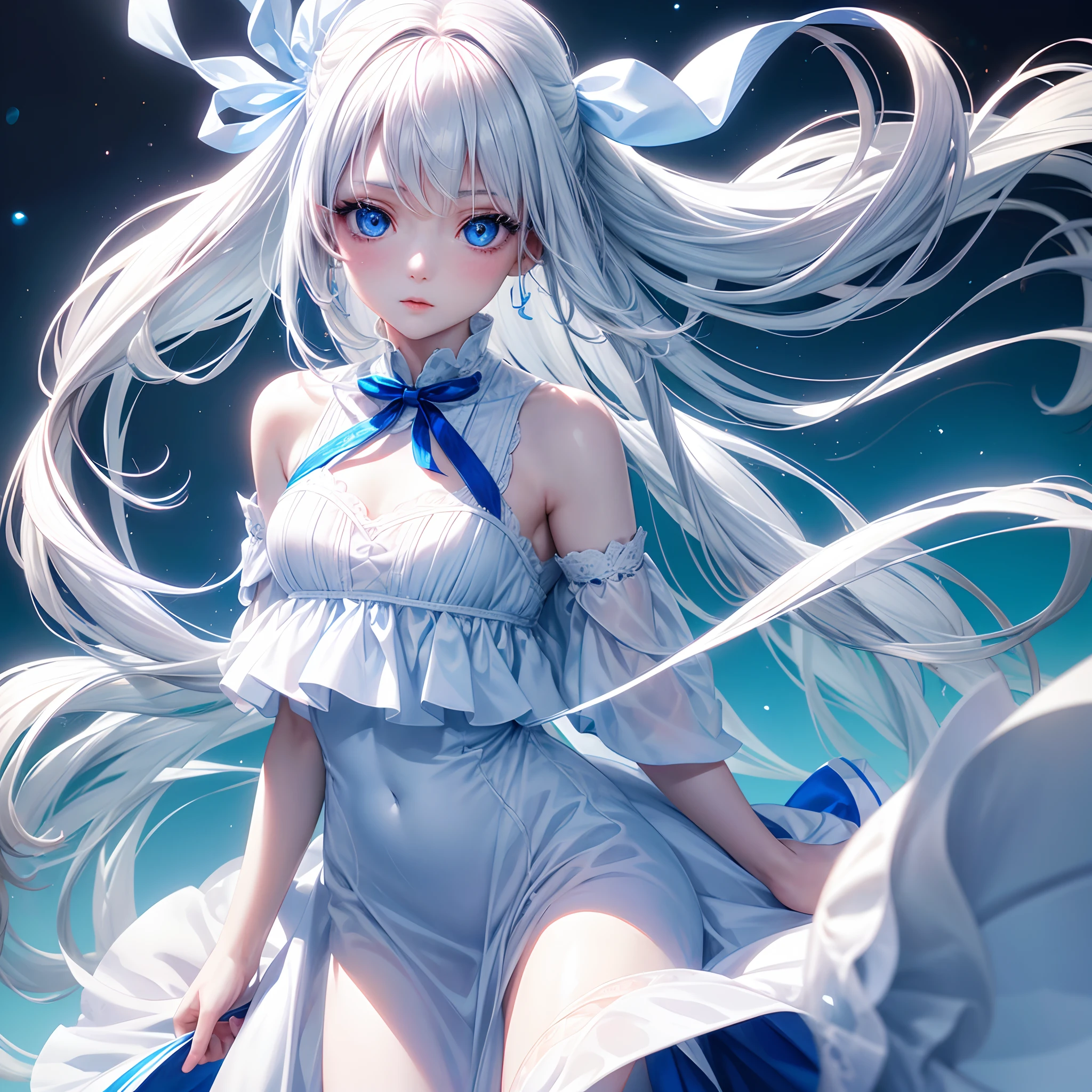 1girl,Albino, cute, beautiful, long hair, blue eyes, wearing a white and blue dress, hair with a ribbon,((8k, UHD, ultra realistic))