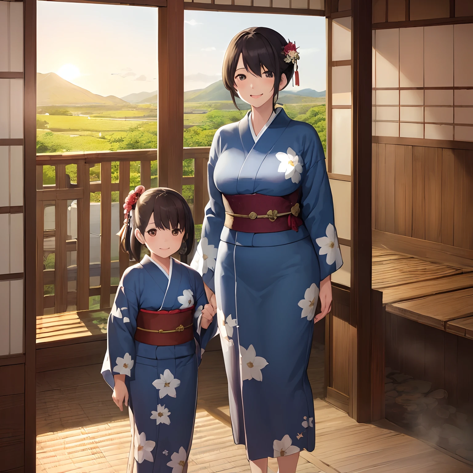 (Masterpiece, highest quality:1.3), High resolution, (illustration: 1.3), 2 girl, Onsen Inn, mother and daughter in yukata, yukata