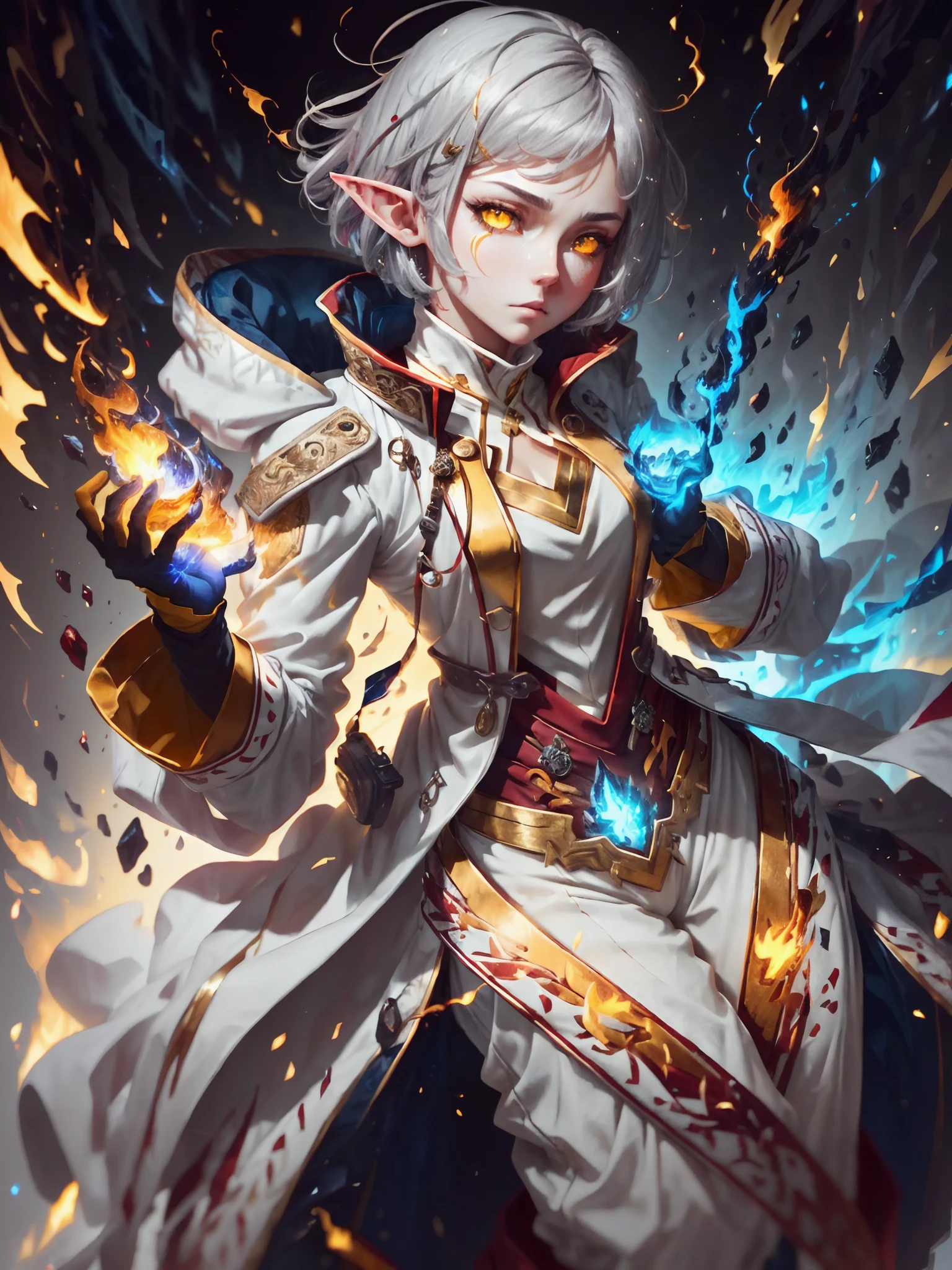 Digital Ilustration, Anime style, Woman, ((elf)), 1girl, beautiful, (tired, sad):1.4),(grey hair, bob cut, ((fine facial features)),),(white outfit, red outfit accents, assasin-style outfit, military coat, pants, boots),(glowing yellow eyes:1.2),elemental mage engulfed in blue flames and yellow lightning, chromatic chaos, gold and ice tones, depth of field, beautiful, highly detailed, hyperrealistic, cinematic lighting, clear, space background, cinematic lighting soft, (backlight: 1.2), (flowering: 1.2), (bright light: 1.1), (chromatic aberration: 1.2), sharp focus, high contrast ,masterpiece, photorealistic, (full body shot:1.3)