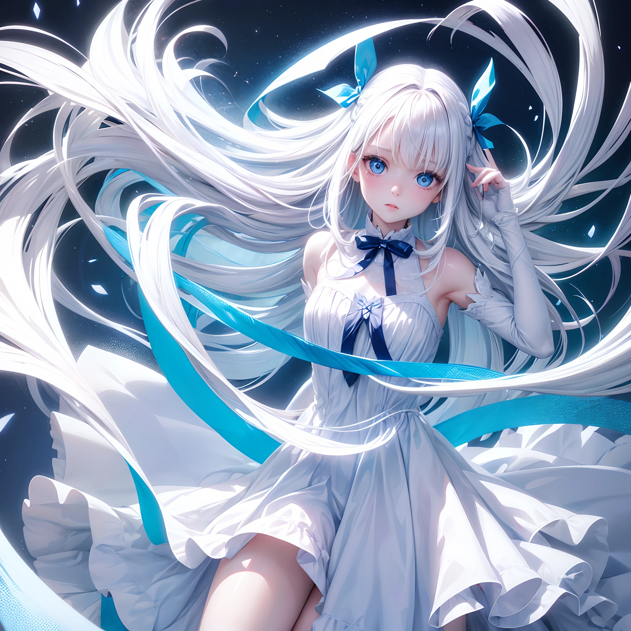 ((Best quality)), ((Masterpiece)),1 girl， animemanga girl，Q version characters，Infant body type，Very short in height，White color hair，white  skirt，Magic wand in hand，Fierce expression
