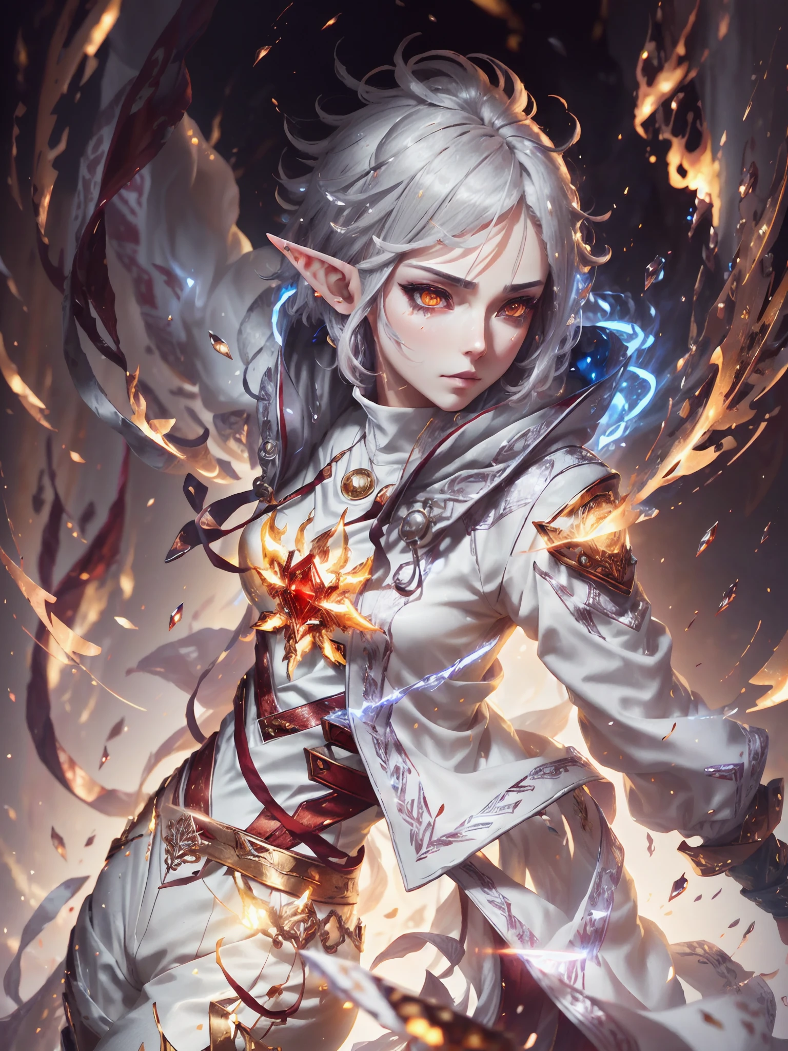 Digital Ilustration, Anime style, Woman, ((elf)), 1girl, beautiful, (tired, sad):1.4),(grey hair, bob cut, ((fine facial features)),),(white outfit, red outfit accents, assasin-style outfit, military coat, pants, boots),(glowing yellow eyes:1.2),elemental mage engulfed in blue flames and yellow lightning, chromatic chaos, gold and ice tones, depth of field, beautiful, highly detailed, hyperrealistic, cinematic lighting, clear, space background, cinematic lighting soft, (backlight: 1.2), (flowering: 1.2), (bright light: 1.1), (chromatic aberration: 1.2), sharp focus, high contrast ,masterpiece, photorealistic, (full body shot:1.3)