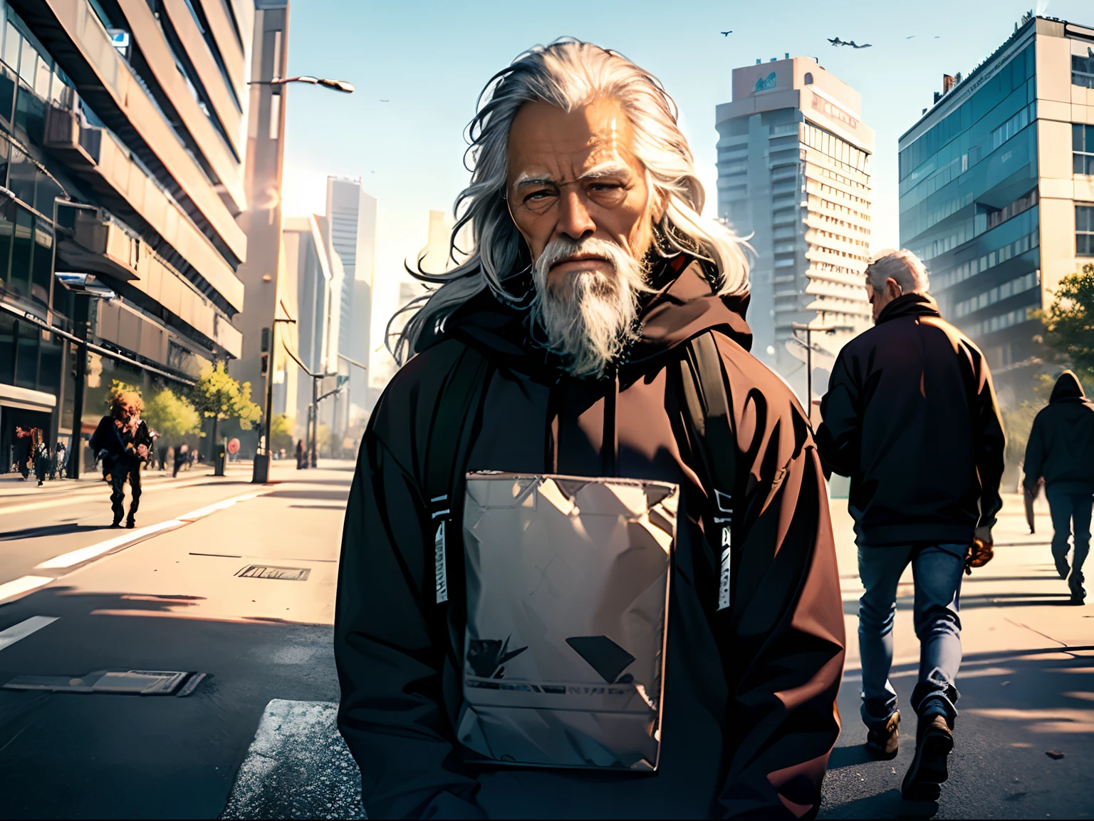(best quality,4k,8k,highres,masterpiece:1.2),ultra-detailed,(realistic,photorealistic,photo-realistic:1.37),elderly couple picking up garbage in a city,stressed expressions,wearing worn-out clothes,carrying heavy trash bags,bruised and dirty hands,streets filled with garbage,unpleasant smell,colourful graffiti on the walls,sunlight casting long shadows,cracked and decayed pavement,distant high-rise buildings,rumbling sounds of passing cars,gray-hair,wrinkled skin,deep wrinkles around their eyes and mouth,thin lips,facial hair,stained teeth,weary eyes,selfless determination and resilience,community cleanup efforts,unrecognized heroes