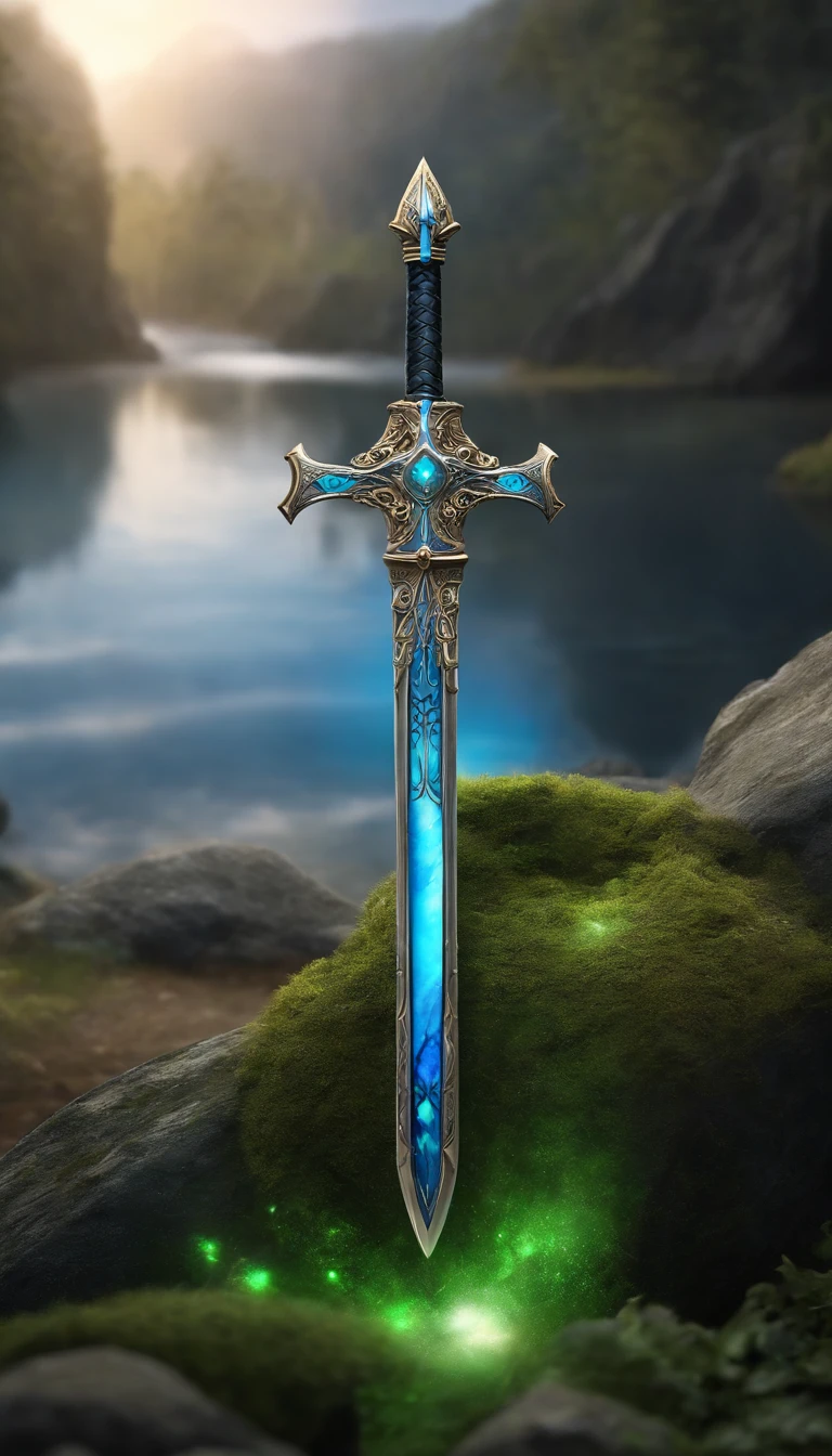 Excalibur, Manga delicada, The body of the sword is exquisite，bem decorado,（((The body of the sword is designed with a blue opal and a pattern in the form of light green particle effect..：1.3))), se, (The body of the sword is symmetrically decorated:1.3), (The entire Excalibur blade is centered:1.3), Mid-range close-up,（Silhueta geral:1.3),（Fantastic landscape painting:1.2), foto ultra realista, super-fino, 8k, Premium wallpapers, A mais alta qualidade de imagem, ..。.。...3d,c4d, tmasterpiece, rendering by octane, spear made of runecraft and bark of Yggdrasil, Spear Odin, holding a spear,