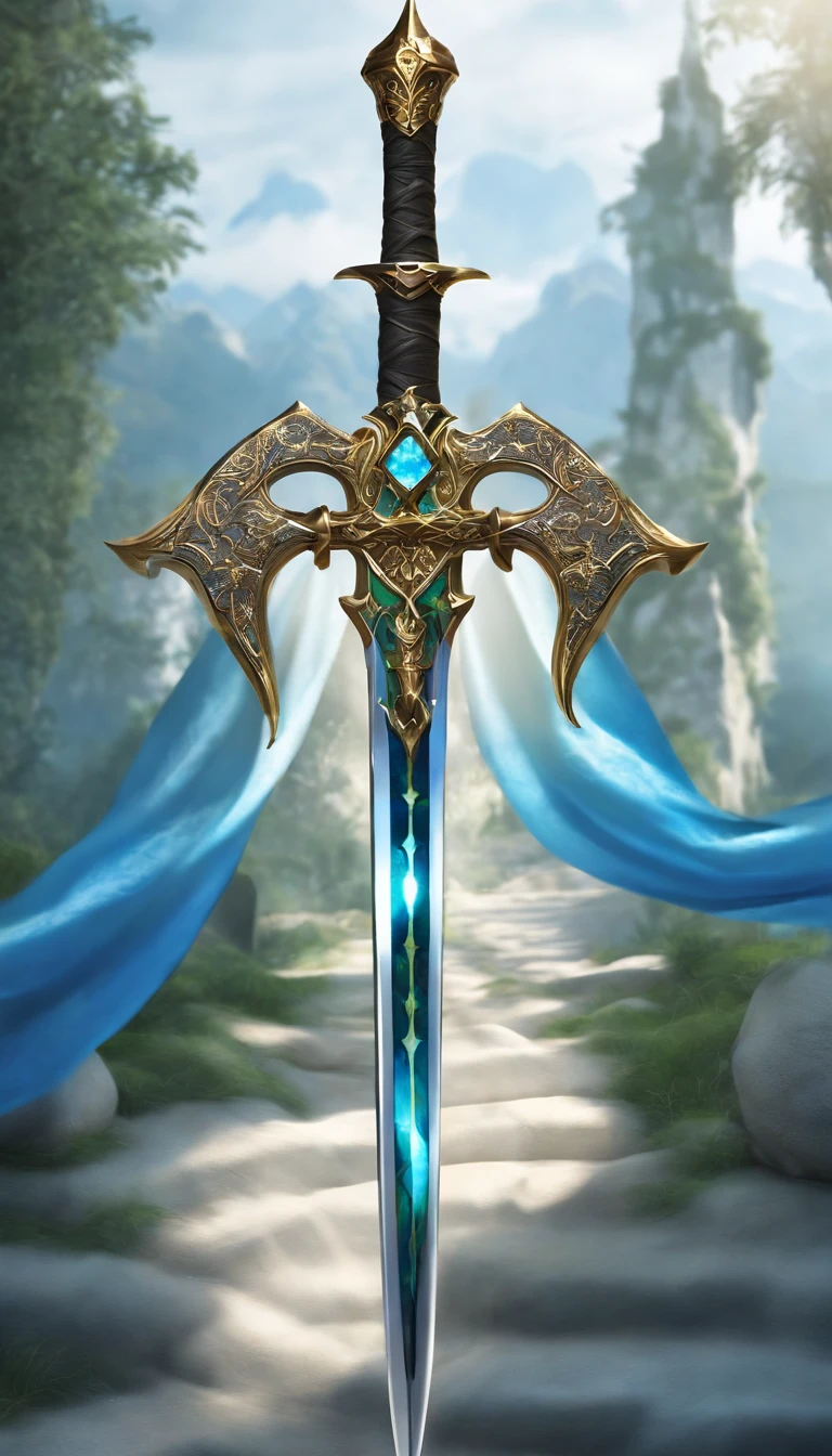 Excalibur, Manga delicada, The body of the sword is exquisite，bem decorado,（((The body of the sword is designed with a blue opal and a pattern in the form of light green particle effect..：1.3))), se, (The body of the sword is symmetrically decorated:1.3), (The entire Excalibur blade is centered:1.3), Mid-range close-up,（Silhueta geral:1.3),（Fantastic landscape painting:1.2), foto ultra realista, super-fino, 8k, Premium wallpapers, A mais alta qualidade de imagem, ..。.。...3d,c4d, tmasterpiece, rendering by octane, spear made of runecraft and bark of Yggdrasil, Spear Odin, holding a spear,