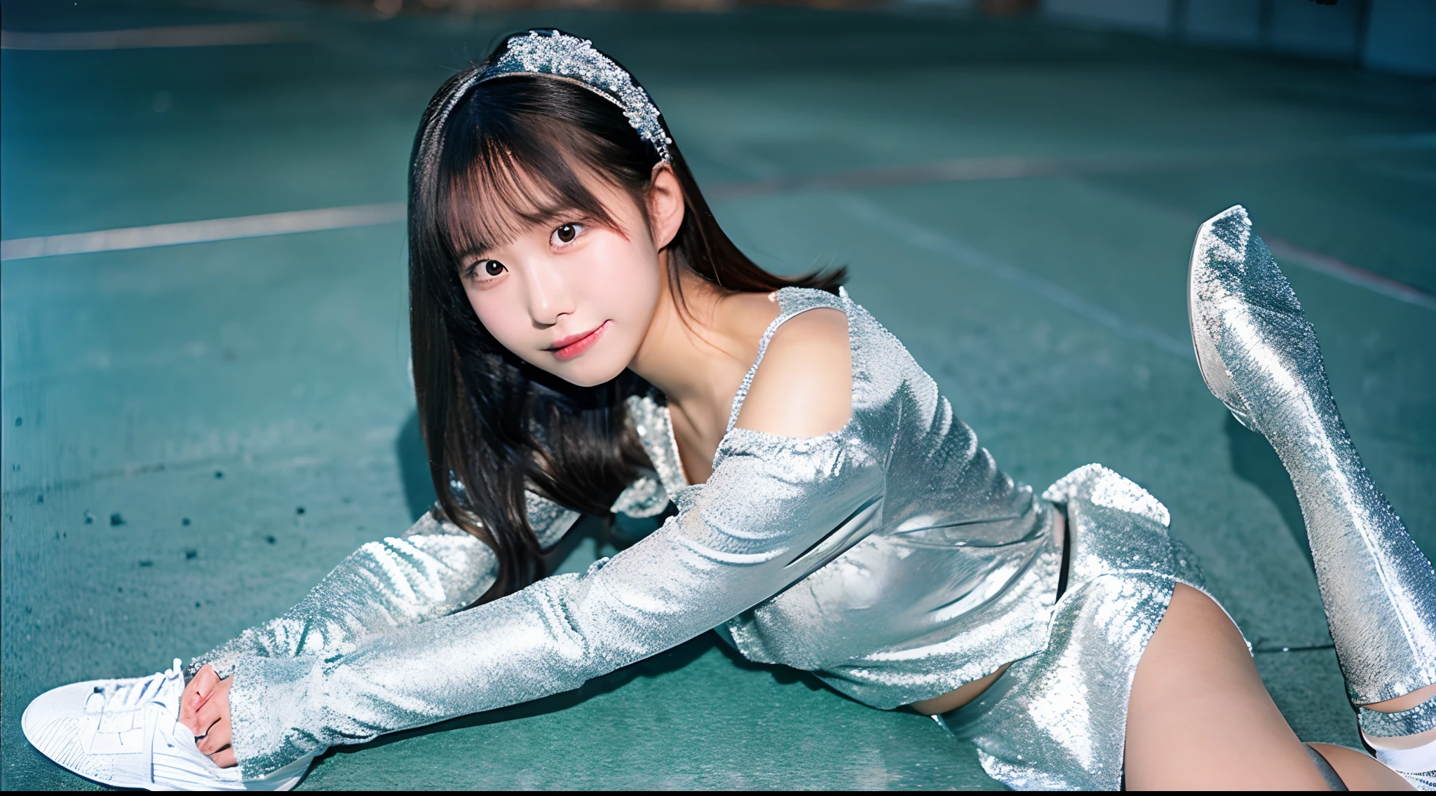 18-year-old cheergirl in silver miniskirt(F-cup)