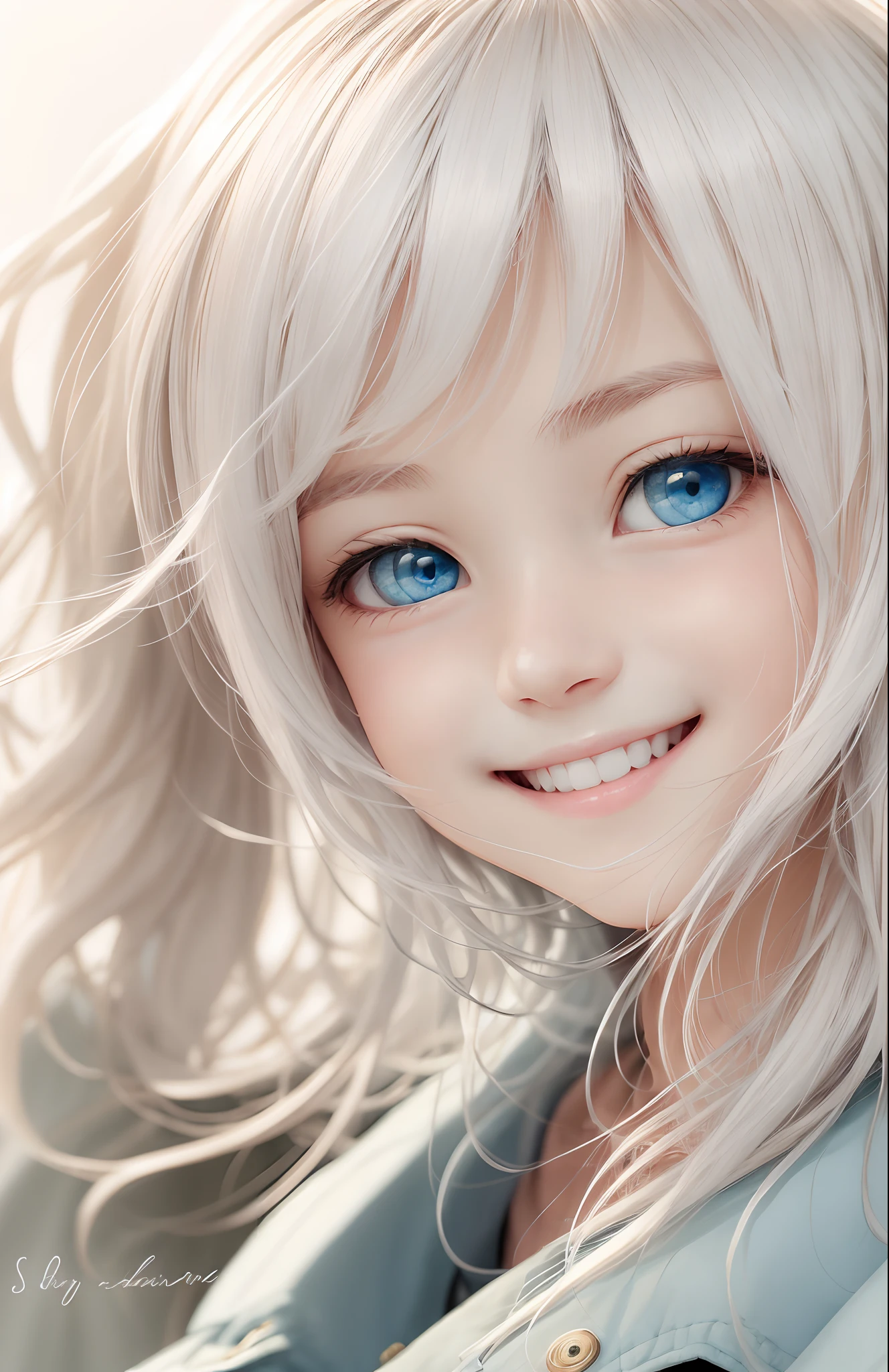 focus straight_shota, long hair, white hair wearing a white decorative army jacket, light blue eyes, neutral smile face, terrific smile,  professional photo --auto --s2