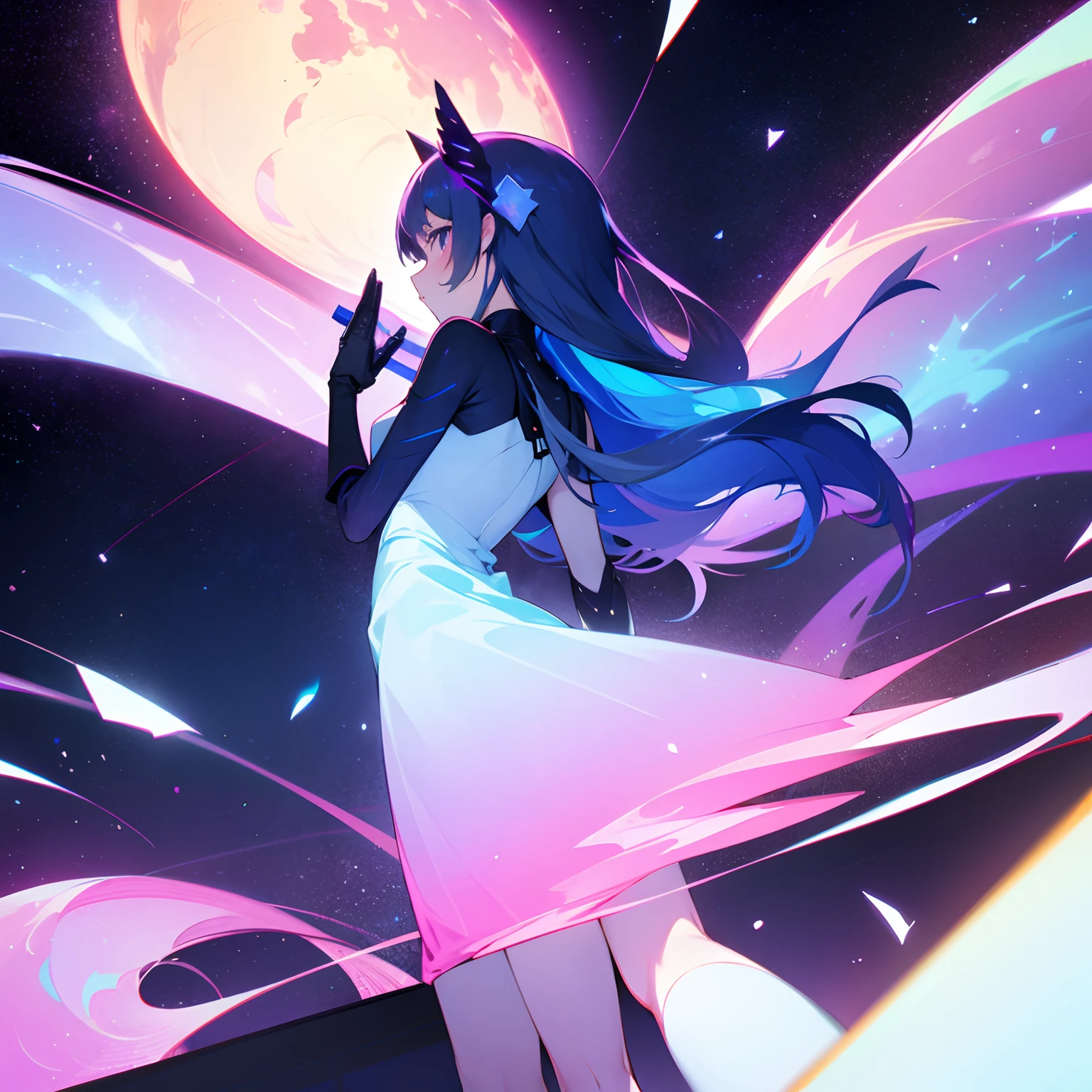 1girl in、low angles、from the rear、nigh sky、nebulas、Blue light in the sky