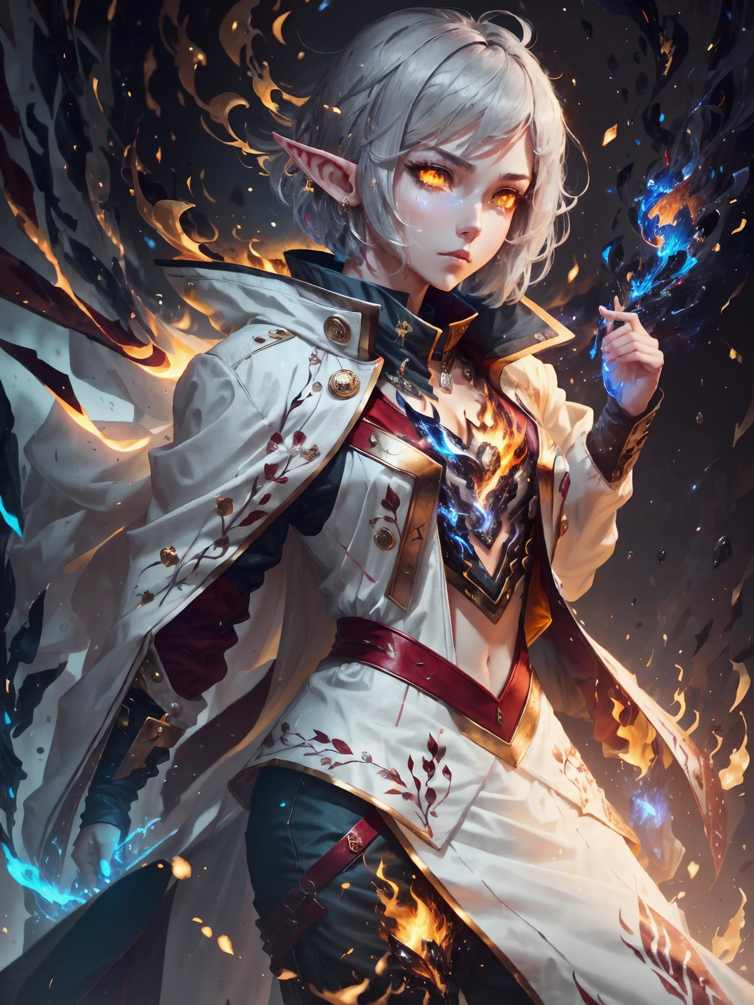 Digital Ilustration, Anime style, Woman, ((elf)), 1girl, beautiful, (tired, sad):1.4),(grey hair, bob cut, ((fine facial features)),),(white outfit, red outfit accents, assasin-style outfit, military coat, pants, boots),(glowing yellow eyes:1.2),elemental mage engulfed in blue flames and yellow lightning, chromatic chaos, gold and ice tones, depth of field, beautiful, highly detailed, hyperrealistic, cinematic lighting, clear, space background, cinematic lighting soft, (backlight: 1.2), (flowering: 1.2), (bright light: 1.1), (chromatic aberration: 1.2), sharp focus, high contrast ,masterpiece, photorealistic, (full body shot:1.3)