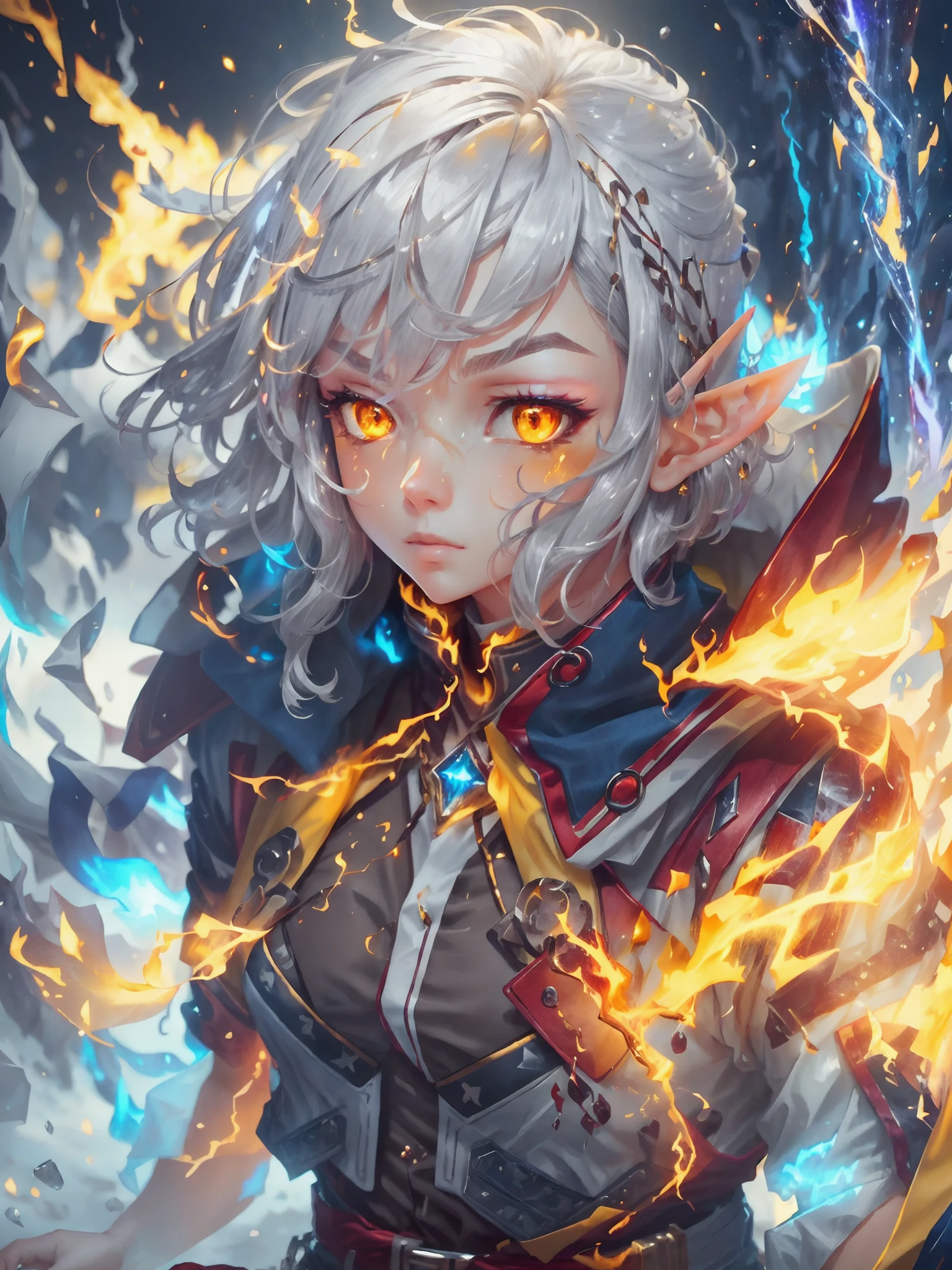 Digital Ilustration, Anime style, Woman, ((elf)), 1girl, beautiful, (tired, sad):1.4),(grey hair, bob cut, ((fine facial features)),),(white outfit, red outfit accents, assasin-style outfit, military coat, pants, boots),(glowing yellow eyes:1.2),elemental mage engulfed in blue flames and yellow lightning, chromatic chaos, gold and ice tones, depth of field, beautiful, highly detailed, hyperrealistic, cinematic lighting, clear, space background, cinematic lighting soft, (backlight: 1.2), (flowering: 1.2), (bright light: 1.1), (chromatic aberration: 1.2), sharp focus, high contrast ,masterpiece, photorealistic, (full body shot:1.3)