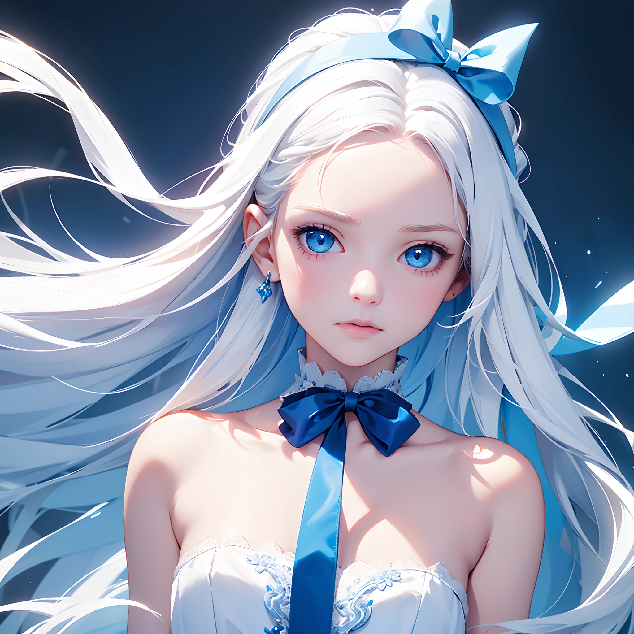 cute magical girl, (double bun, blunt bangs, silver straight long hair), amorous and lewd face, make-up, blue eyes, great proportion, white gothic bare-dress, choker, both hands above head, background dimly lit basement, (ultra detailed, absolutely resolution, best quality:1.3), 2.5D, delicate and dynamic, artistic photography, hyper realistic, graphic CG digital cartoon-style art