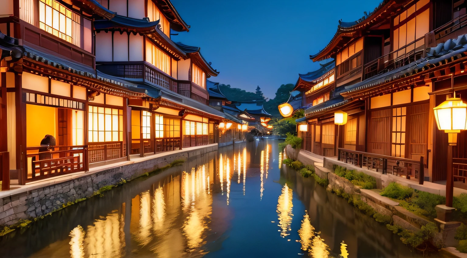 River with buildings and lanterns, dreamy Chinese towns, Japan City, japanese town, Chinese Village, japanese village, beautiful render of tang dynasty, Old Asian Village, japanese city at night, Anime Background Art, evening lanterns, amazing wallpapers, beautiful digital painting, Street Japan,natta、Narrow alley、Night,a moon
