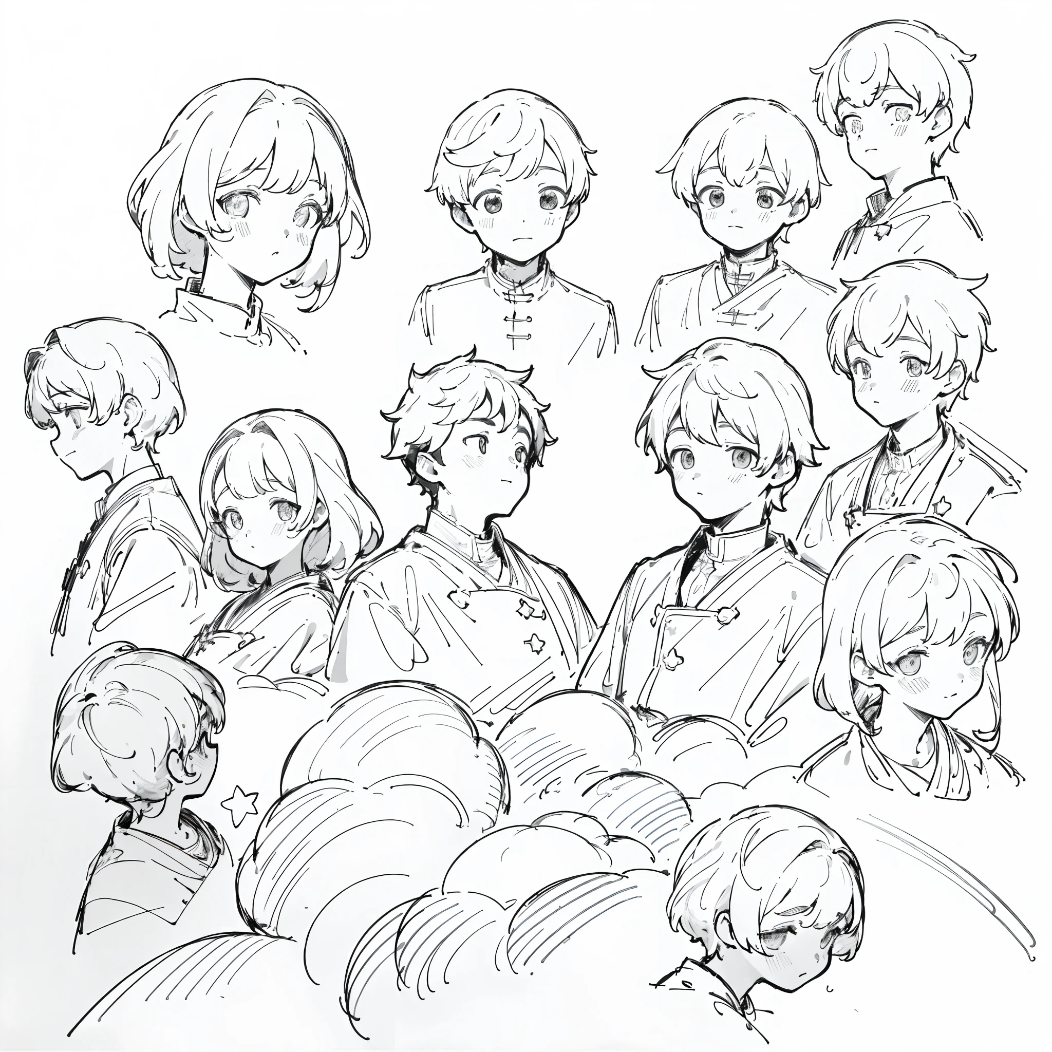 ((masterpiece)),(((best quality))),(character design sheet, same character, front, side, back), illustration, (1 boy), hair color, bangs, hairstyle fax, eyes, environment change scene, hairstyle fax, Zitai po), , star, Charturnbetalora, (single background, white background: 1.3), --6 different poses, kawai, ((sketch)), (monochrome)