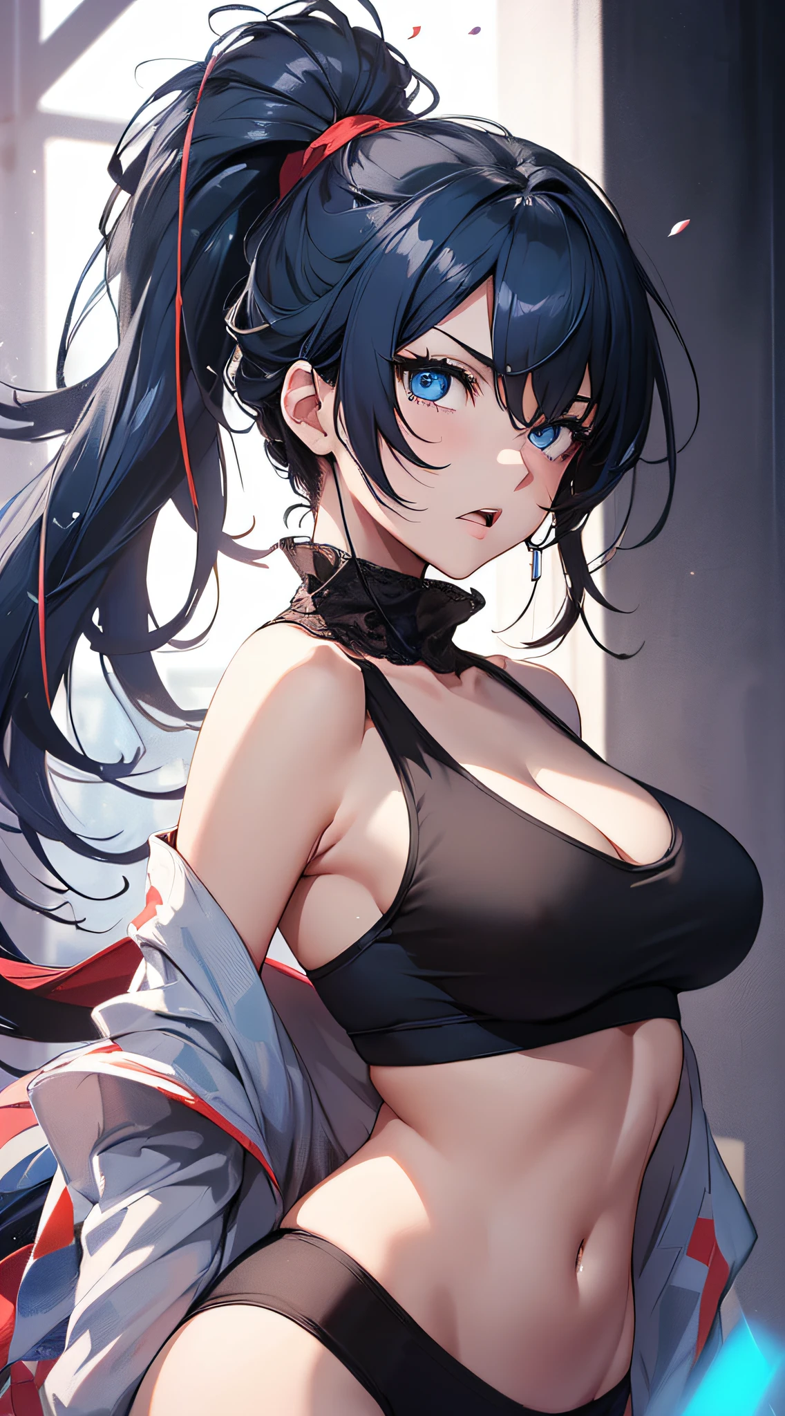 top-quality、Top image quality、​masterpiece、girl with((cute little、18year old、Best Bust、Medium bust、Bust 85,Beautiful blue eyes、Breasts wide open,Ponytail with black hair、A slender、Blue hair mesh、black bandana、Red Sports Bra、Black Doshi、fighting poses、angry looking face)）hiquality、Beautiful Art、Background with((Large White Room、White lighting)),masutepiece、Elaborate design、visualart、depth of fields、The best lighting、highestdetailed、8ｋ