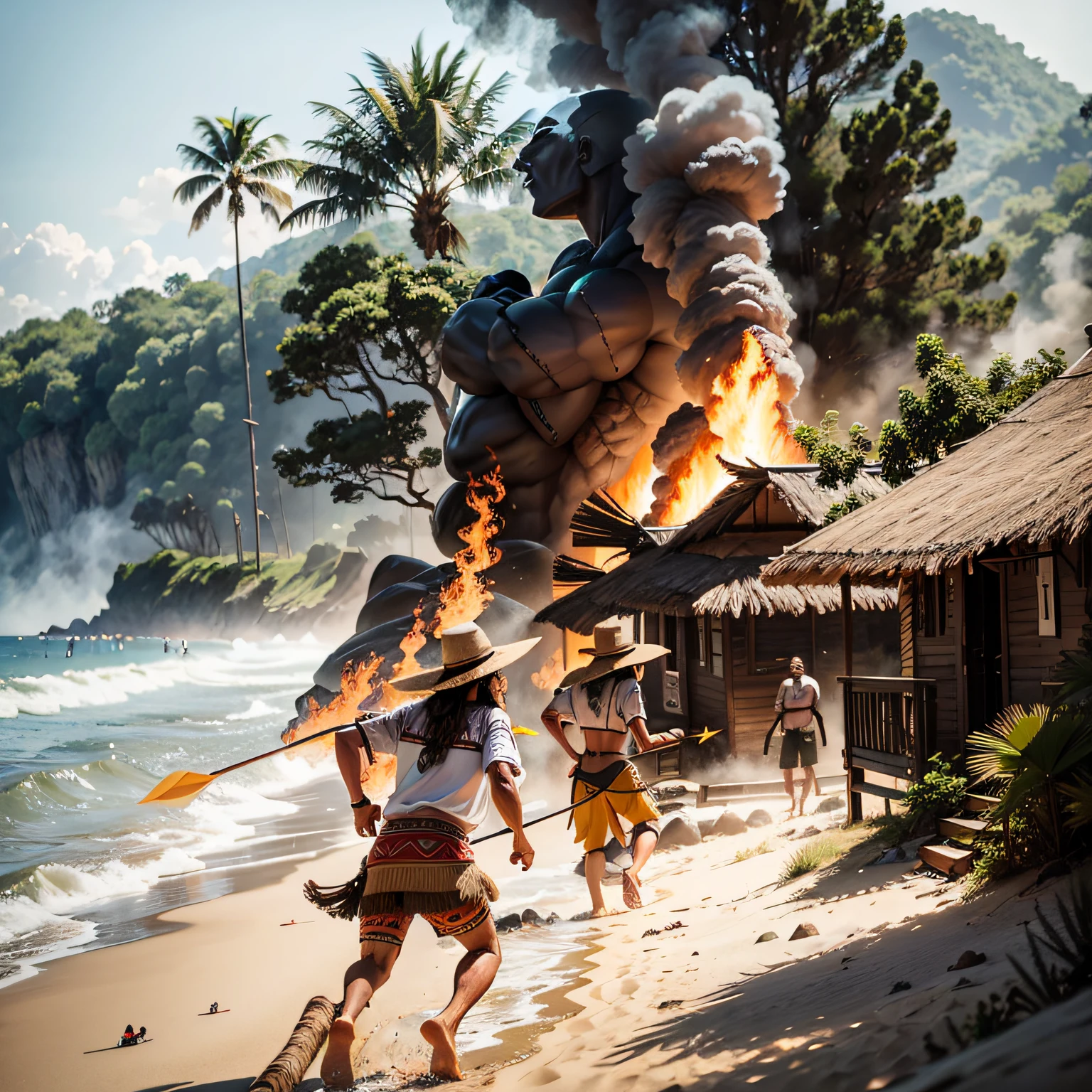 realistic photo Amazon tribe chasing 2 people with arrows. vue de loin plage, feu, cabane bambou, incendie