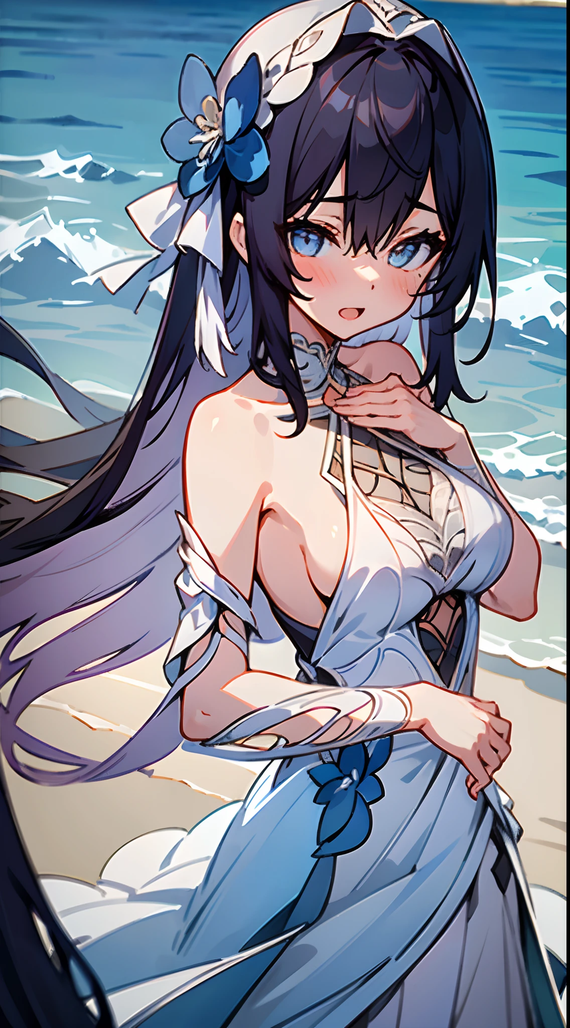 (Best Quality, 8k, 32k, Masterpiece, UHD:1.3), (Photo of Attractive Japanese Woman), ((1 Girl)), ((medium breast:1.3)), Abs, Perfect Body, Ultra Detailed Face, Detailed Lips, Fine Eyes, double eyelids, ((milf)) sexy girl, beautiful girl, jaw-dropping beauty, (silver long hair:1.2)), ((intricate dress:1.3)), ((close up to face)), smiling beautifully, open mouth :0.8, hand on cheek, contemplating, enjoying tea, wet clothes, on beach, from side, looking at viewer, blushing, cleavages, focus on breast,