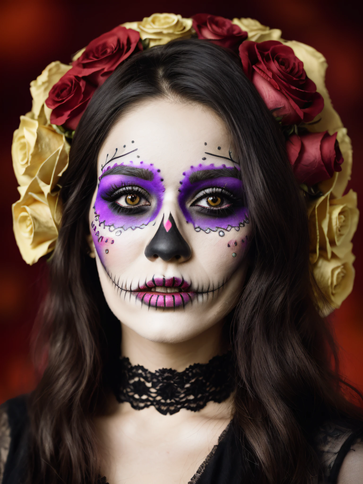 (close-up, photograph, 30 yo woman) ( artistic makeup:1.2) (highly detailed face:1.4) (smirk:0.7)(colored makeup Dia de Muertos:1.2):  posing in luxury castle, wreath of roses (on head:1.2) (black dyed hair) (background inside dark:1.3), by Steve McCurry, canon m50, editorial photograph, f1.8 lens ,black choker ,hyper realistic ,lifelike texture, dramatic lighting , awardwinning photo,