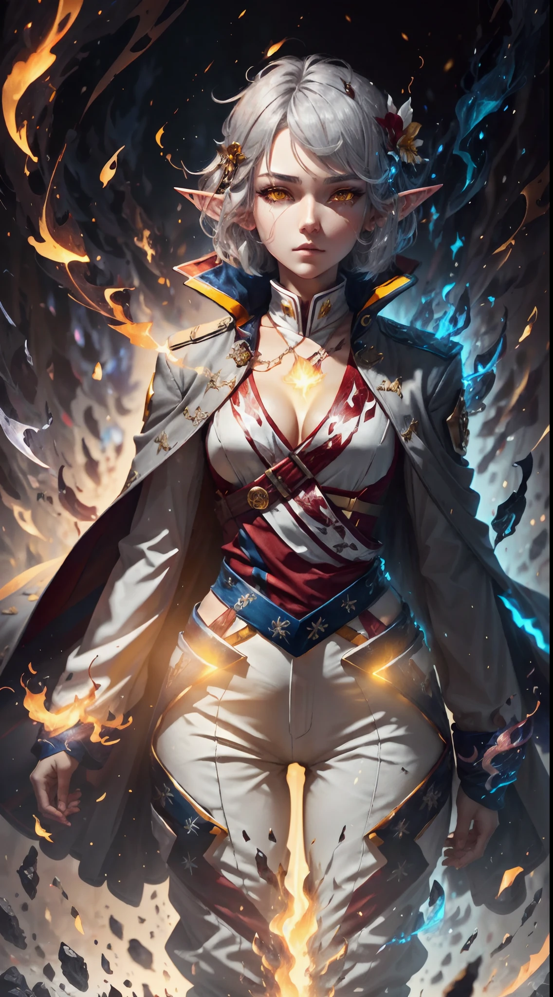 Digital Ilustration, Anime style, Woman, ((elf)), 1girl, beautiful, (tired, sad):1.4),(grey hair, bob cut, ((fine facial features)),),(white outfit, red outfit accents, assasin-style outfit, military coat, pants, boots),(glowing yellow eyes:1.2),elemental mage engulfed in blue flames and yellow lightning, chromatic chaos, gold and ice tones, depth of field, beautiful, highly detailed, hyperrealistic, cinematic lighting, clear, space background, cinematic lighting soft, (backlight: 1.2), (flowering: 1.2), (bright light: 1.1), (chromatic aberration: 1.2), sharp focus, high contrast ,masterpiece, photorealistic, (full body shot:1.3)