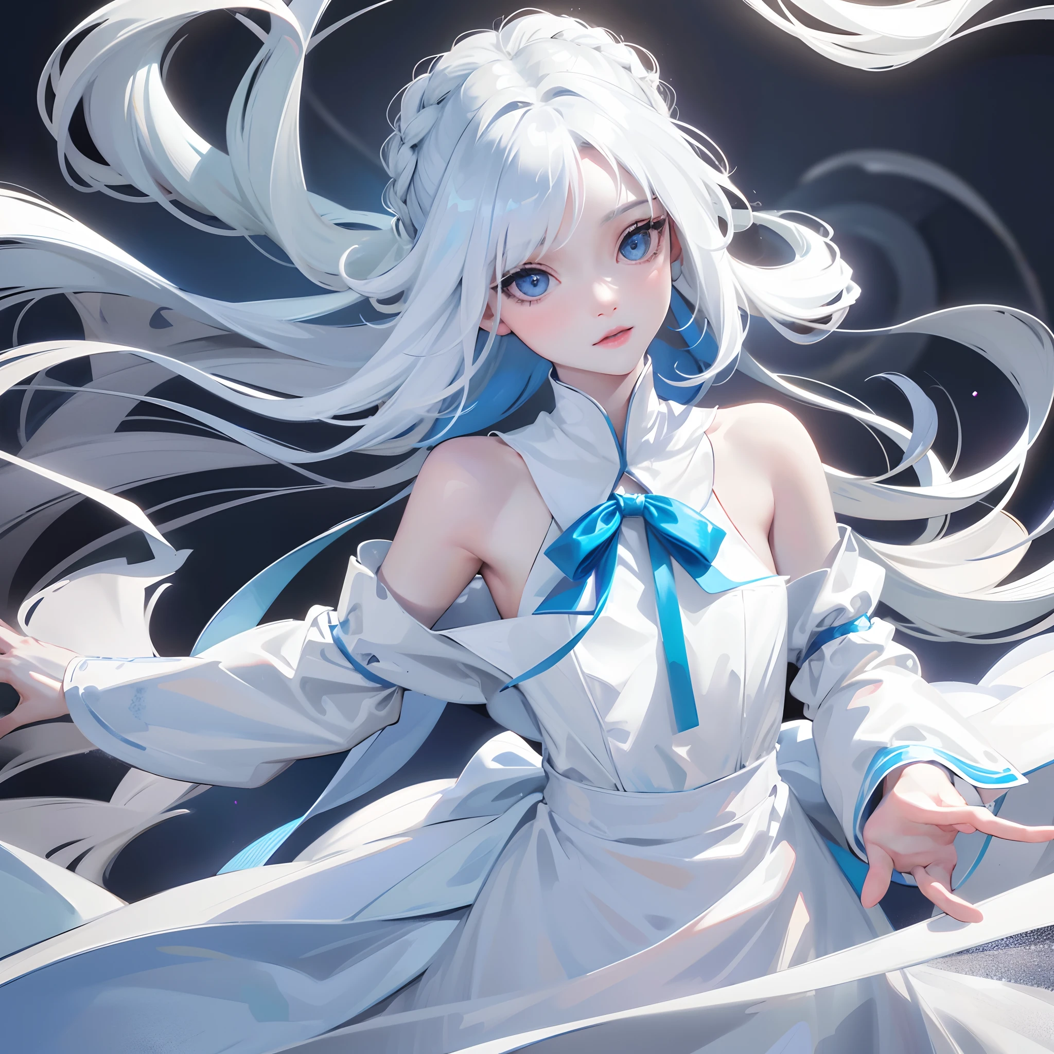 1girl,Albino, cute, beautiful, long hair, blue eyes, wearing a white and blue dress, hair with a ribbon,((8k, UHD, ultra realistic))