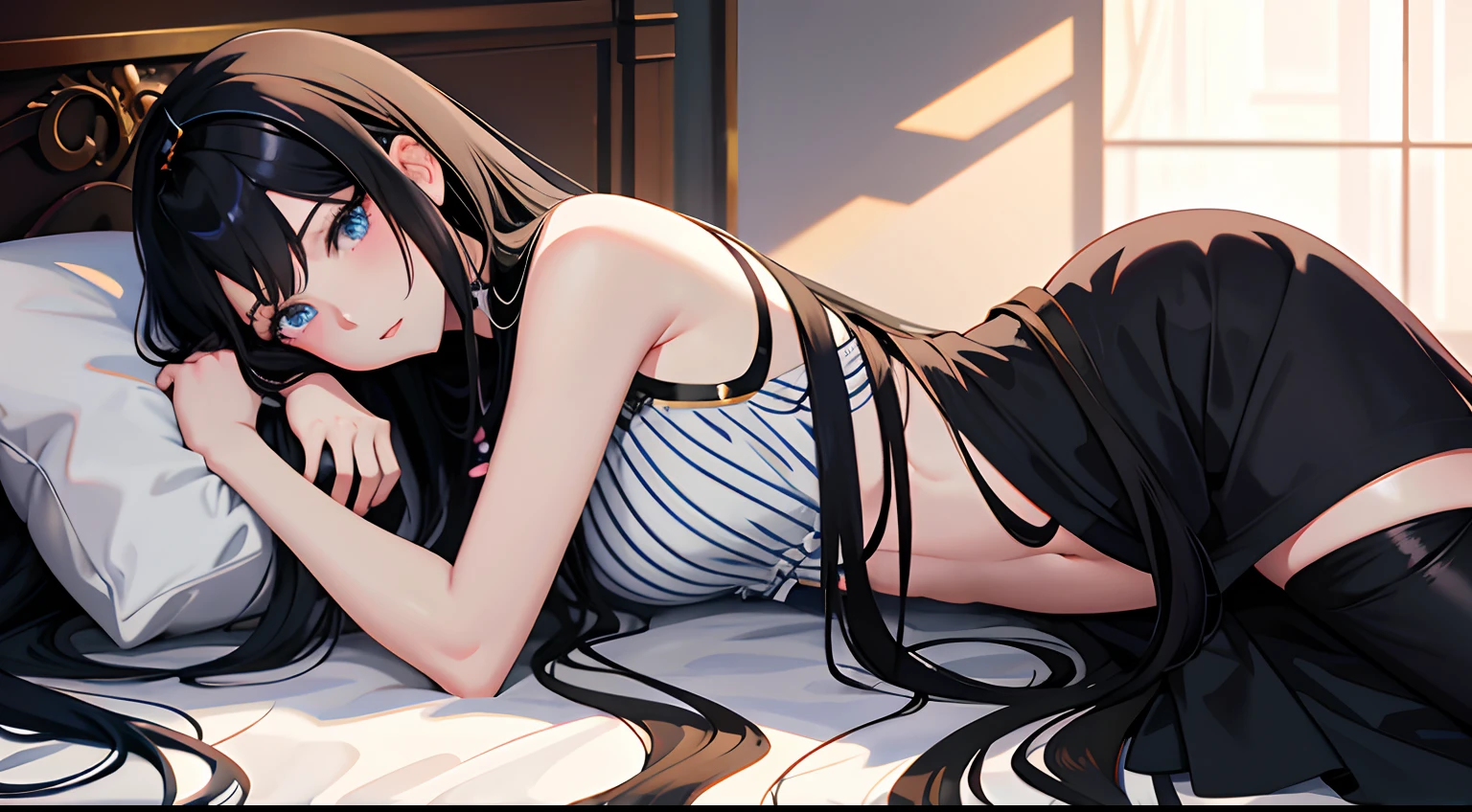 Anime girl with long black hair and blue eyes lying on the bed, black - haired mage, detailed anime character art, seductive anime girl, female anime character, portrait of a female anime hero, detailed digital anime art, artgerm and atey ghailan, beautiful anime woman, beautiful alluring anime woman, anime character art