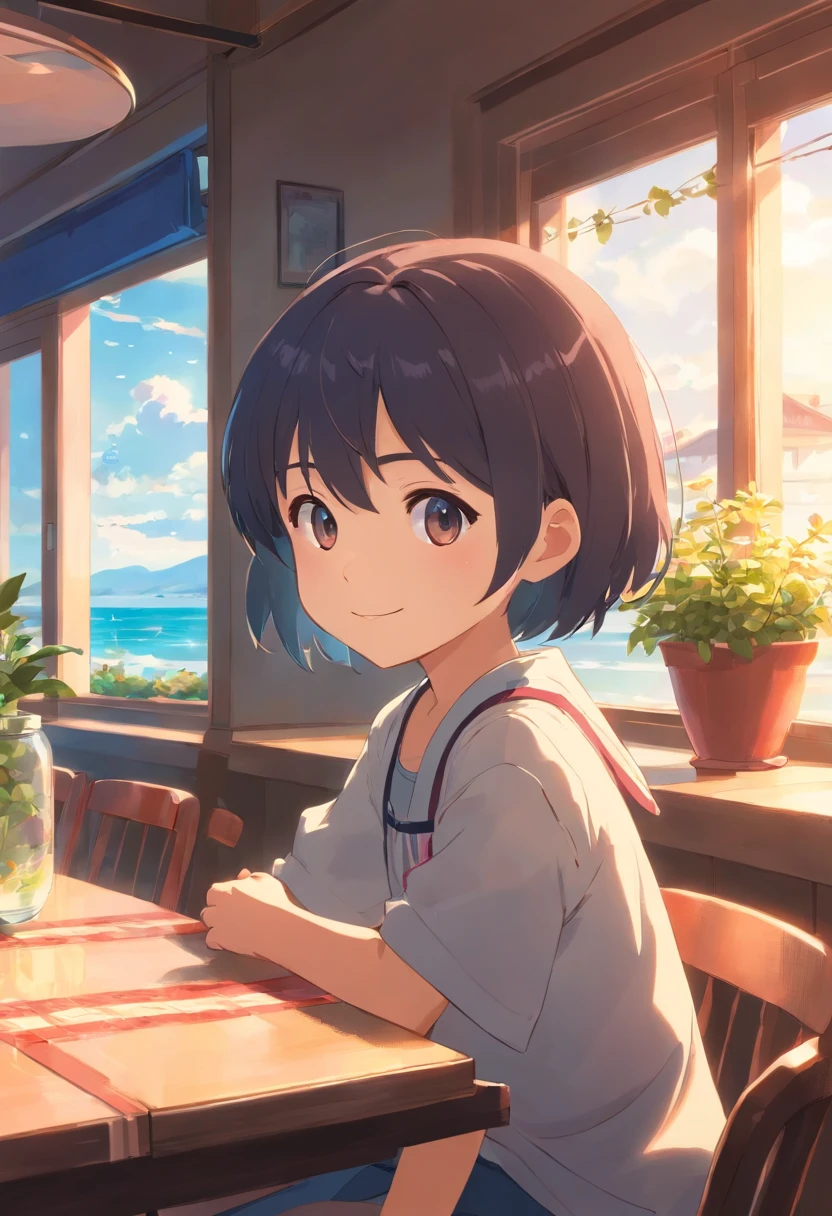 One Girl、12-year-old girl、Healthy girl、Summer sun、cumulonimbus、Blue sky、Japanese countryside、Rural Station、Old station building、誰もいない駅でOne Girlが電車を待っている、Sitting on a chair at home、The girl is looking up at the sky and smiling、Slender, small breast, Cleavage, Shoulder Bare、T-shirt and short andals、Straw hat