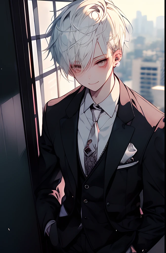 1kpop boy with tatoos, thin body, white hair, cute smile, fade cut hair, business suit, jacket, white shirt, necktie, pants, best quality, hires, detailed face, office, buildings from window, detailed background, diffused sunlight, depth of field, bokeh, photographic shot