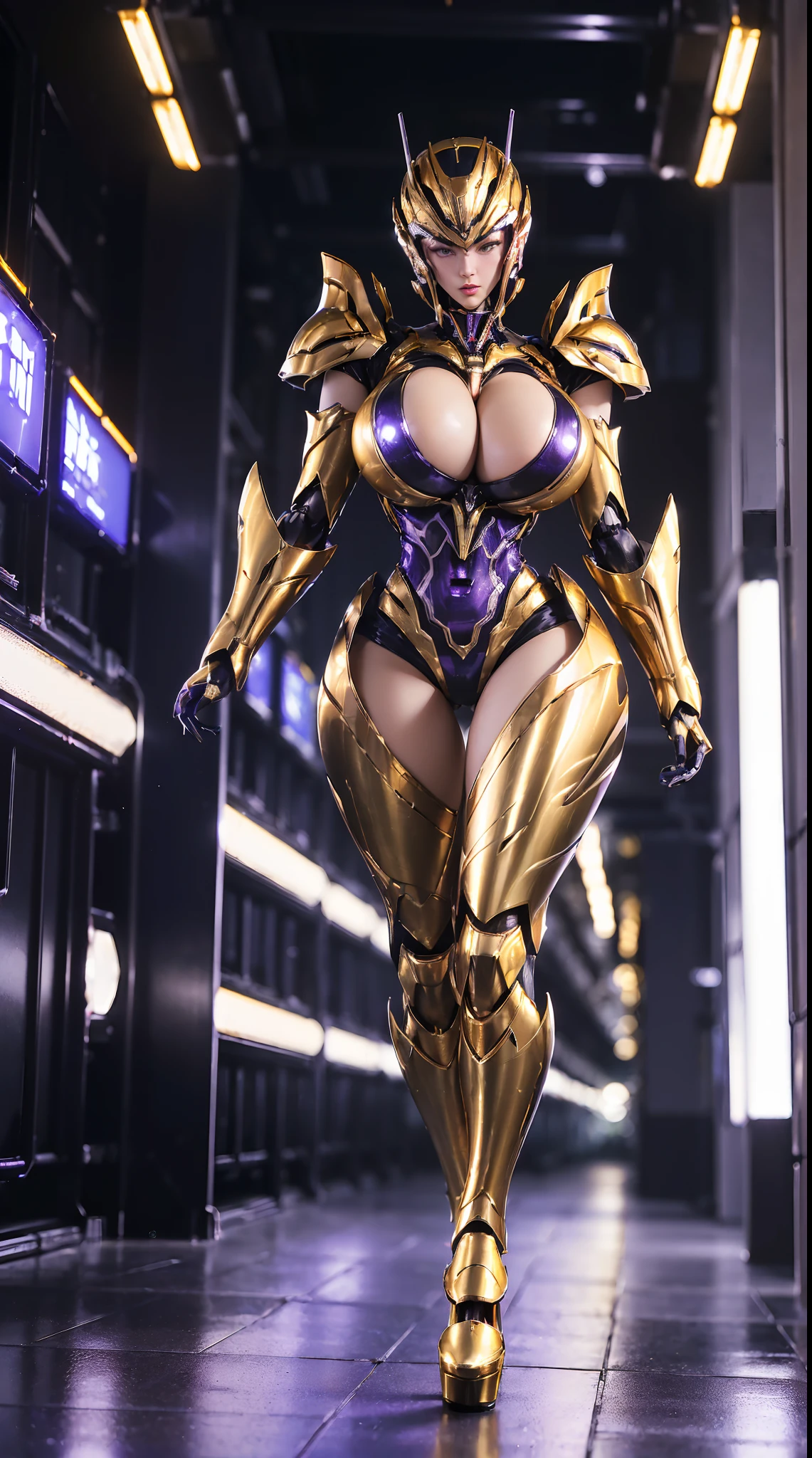 (1GIRL, SOLO), (super detailed face, red_libs, black_hair), (Phoenix mecha helmet:1.2), (BIG BUTTOCKS, MUSCLE ABS, HUGE BOOBS:1.5), (MECHA GUARD ARM:1.3), (white, purple, gold, MECHA CYBER SHINY ARMORED SUIT, CLEAVAGE, BLACK MECHA SKINTIGHT SUIT PANTS, DIAMOND CORE IN ARMOR, MECHA GUARD ARMOR LEGS, MECHA HIGH HEELS:1.5), (MUSCULAR BODY, SEXY LONG LEGS, HALF BODY:1), (LOOKING AT VIEWER:1.3), (famale focus:0.786), (WALKING DOWN HALLWAY OF FUTURISTIC SPACE STATION:1), (BRIGHT LIGHTING:1.3), PHYSICALLY-BASED RENDERING, ULTRA HIGHT DEFINITION, 16K, 1080P.