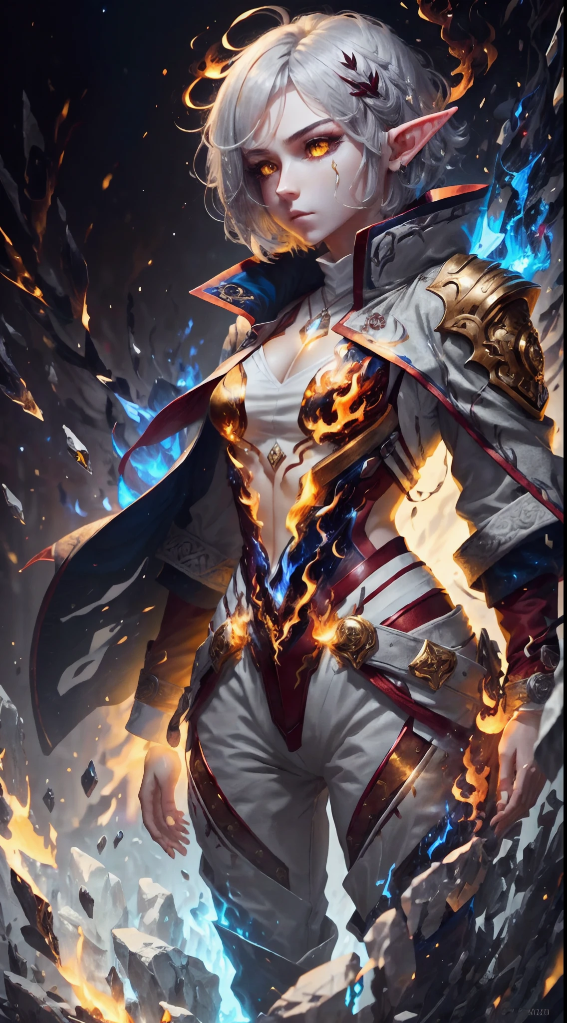 Digital Ilustration, Anime style, Woman, ((elf)), 1girl, beautiful, (tired, sad):1.4),(grey hair, bob cut, ((fine facial features)),),(white outfit, red outfit accents, assasin-style outfit, military coat, pants, boots),(glowing yellow eyes:1.2),elemental mage engulfed in blue flames and yellow lightning, chromatic chaos, gold and ice tones, depth of field, beautiful, highly detailed, hyperrealistic, cinematic lighting, clear, space background, cinematic lighting soft, (backlight: 1.2), (flowering: 1.2), (bright light: 1.1), (chromatic aberration: 1.2), sharp focus, high contrast ,masterpiece, photorealistic, (full body shot:1.3)