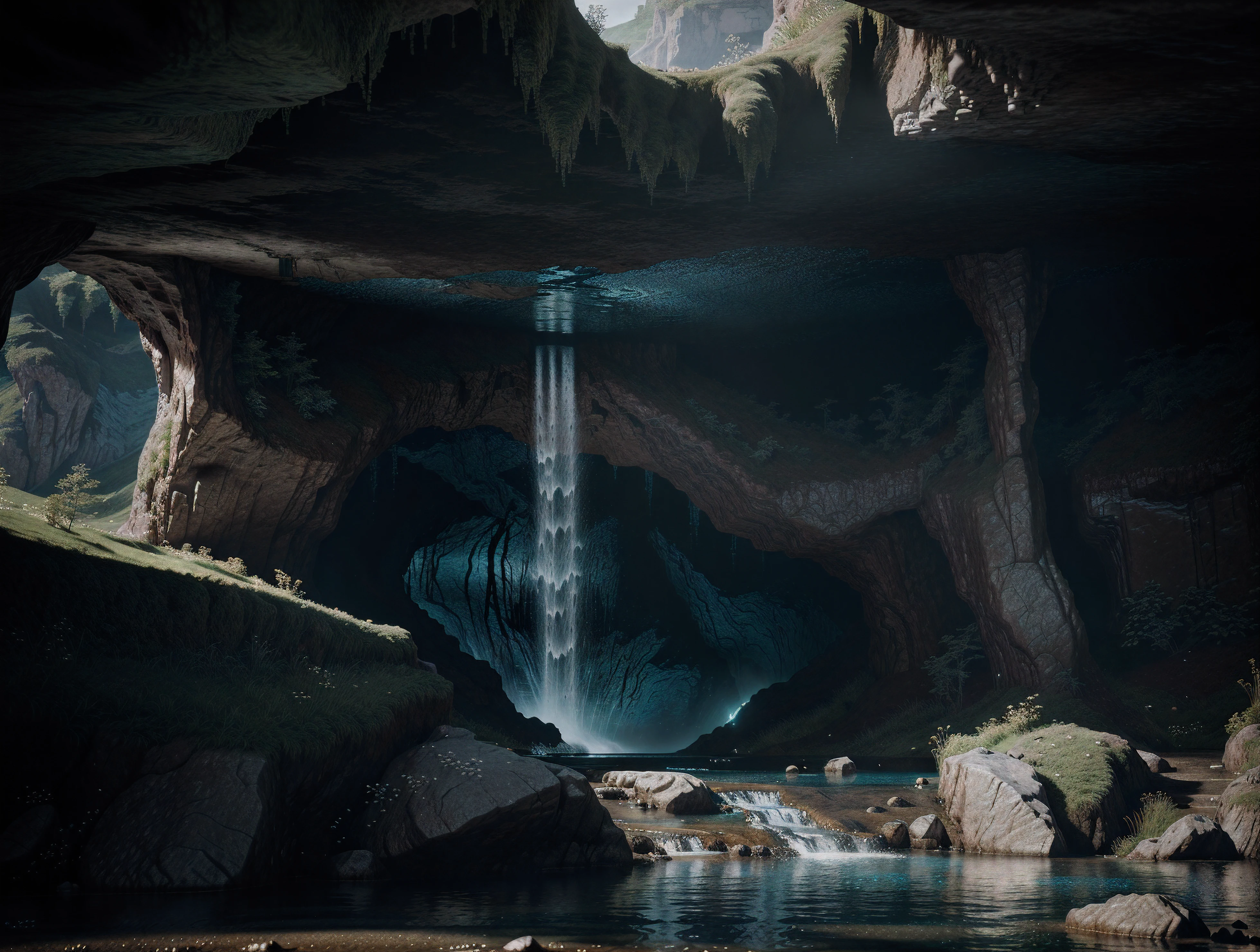 there is a cave with a stream of water running through it, fantasy style 8 k octane render, unreal engine 5 environment, unreal engine 5 digital art, unreal engine 5 lighting, unreal engine 5 4 k uhd image, unreal engine 5 render dramatic, unreal engine fantasy art, unreal engine render concept art, beautiful fantasy cave scene, unreal engine 4k wallpaper