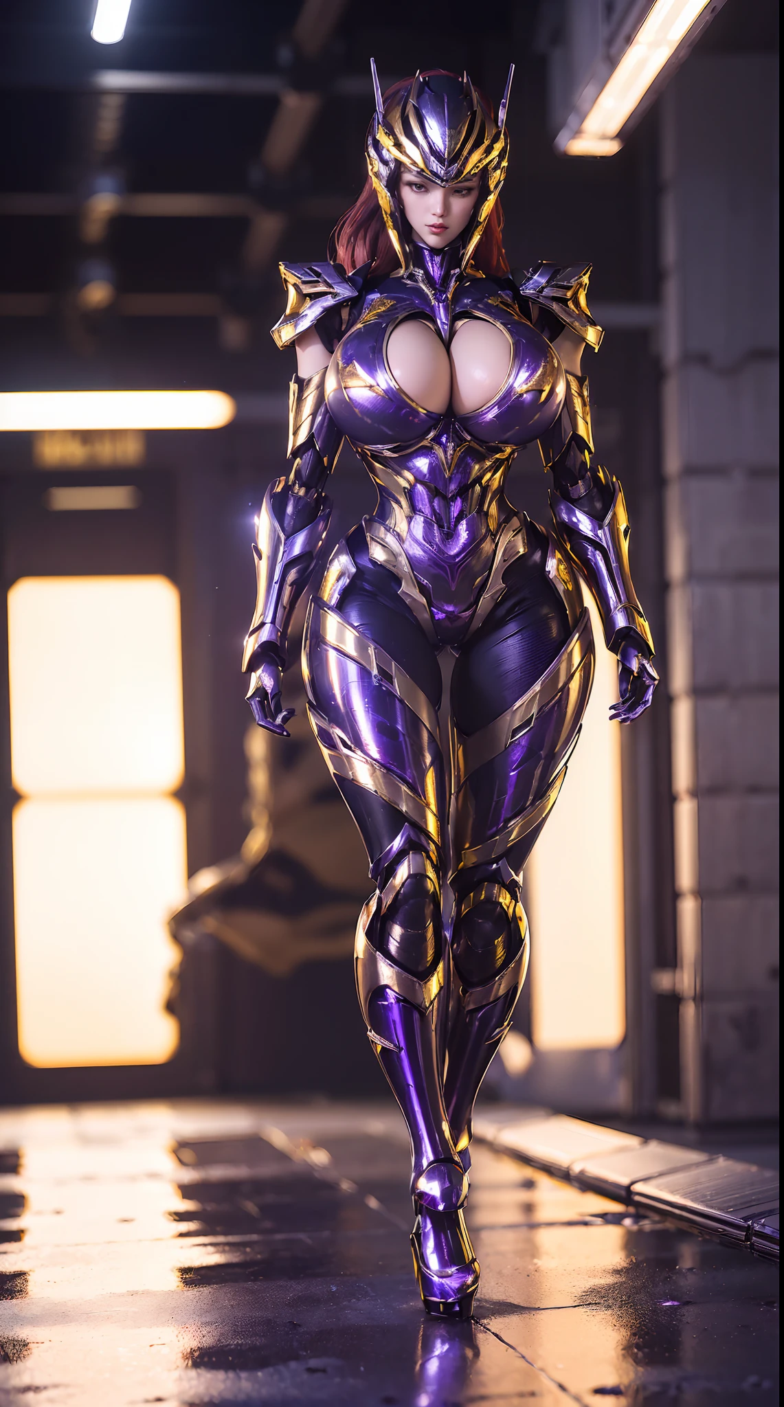 (1GIRL, SOLO), (super detailed face, red_libs, black_hair), (Phoenix mecha helmet:1.2), (BIG BUTTOCKS, MUSCLE ABS, HUGE BOOBS:1.5), (MECHA GUARD ARM:1.3), (white, purple, gold, MECHA CYBER SHINY ARMORED SUIT, CLEAVAGE, BLACK MECHA SKINTIGHT SUIT PANTS, DIAMOND CORE IN ARMOR, MECHA GUARD ARMOR LEGS, MECHA HIGH HEELS:1.5), (MUSCULAR BODY, SEXY LONG LEGS, HALF BODY:1), (LOOKING AT VIEWER:1.3), (famale focus:0.786), (WALKING DOWN HALLWAY OF FUTURISTIC SPACE STATION:1), (BRIGHT LIGHTING:1.3), PHYSICALLY-BASED RENDERING, ULTRA HIGHT DEFINITION, 16K, 1080P.